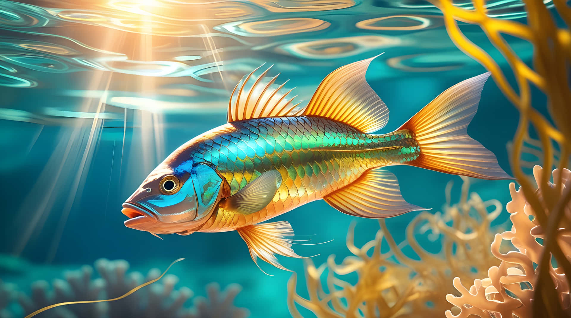 Beautiful fish in the sea 壁紙 — 一條充滿活力的彩虹魚在陽光照射的碧綠海水中的金色珊瑚形成附近優雅地游動。