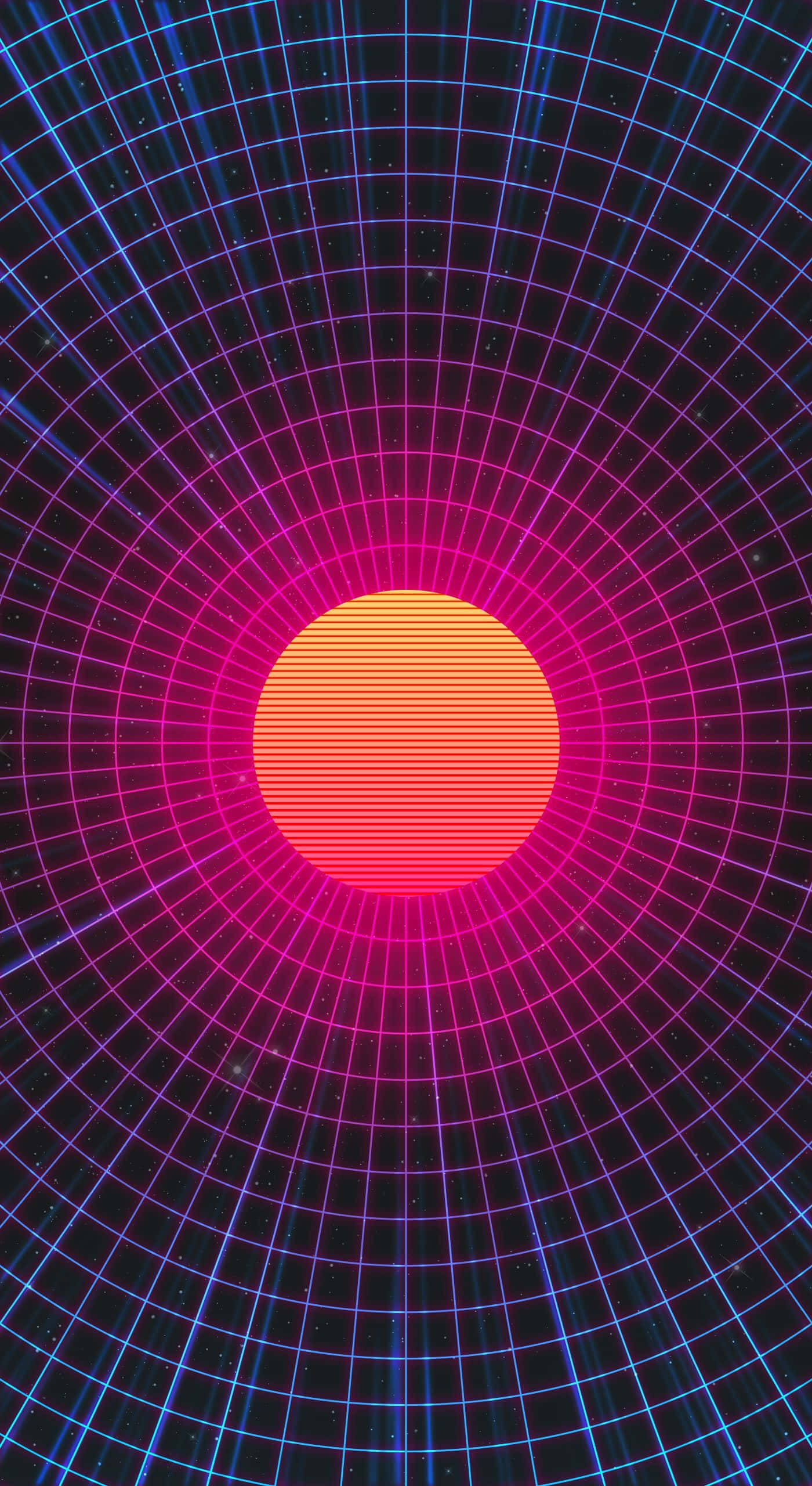 iPhone Neon 桌布 壁紙 — 一條充滿活力的復古未來主義隧道，發光的粉紅色和藍色網格線匯聚向一個在繁星點點的黑色虛空中閃耀的橙紅色太陽。