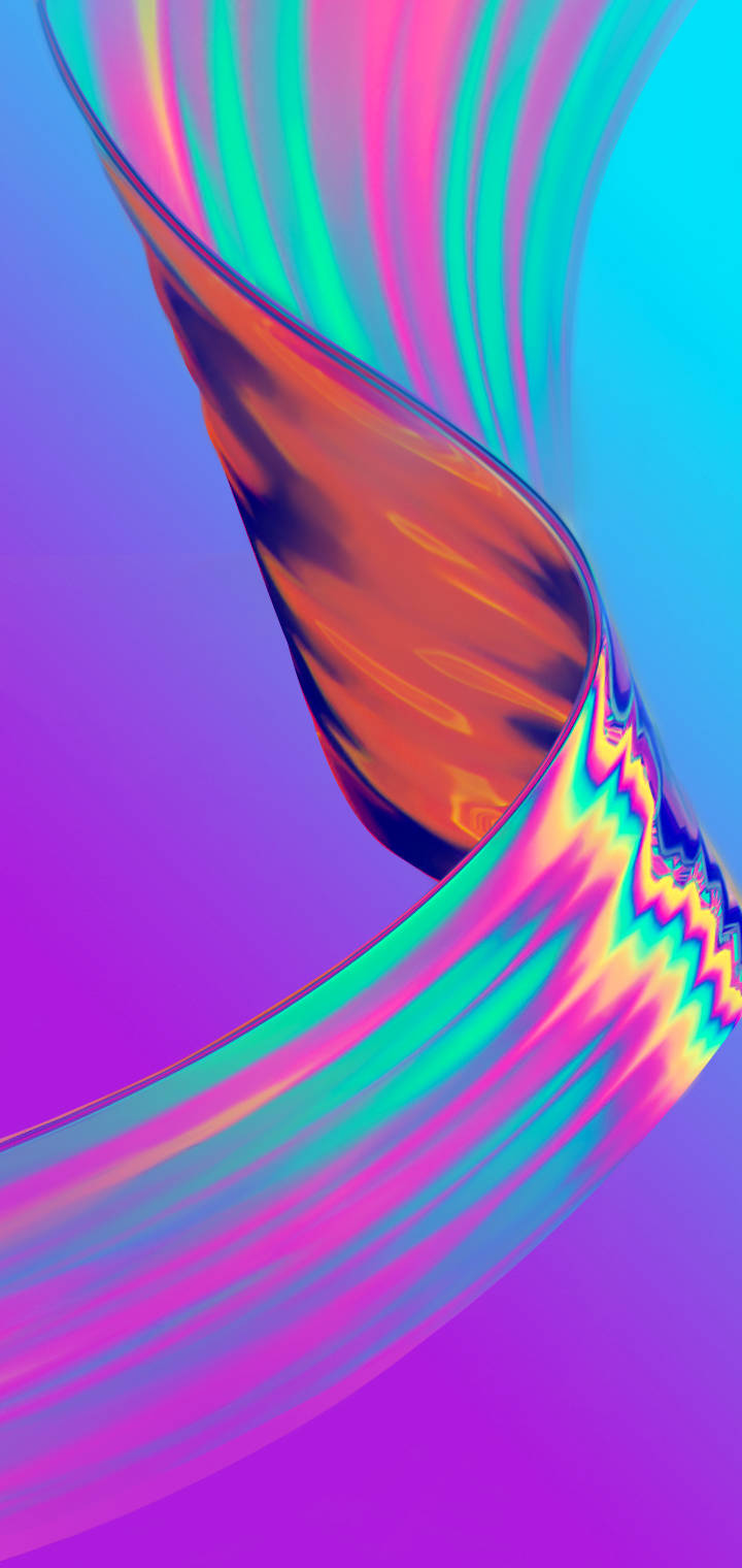 Digital 桌布 壁紙 — 一條充滿活力的抽象霓虹色帶在紫色和藍色漸變背景上動態流動。