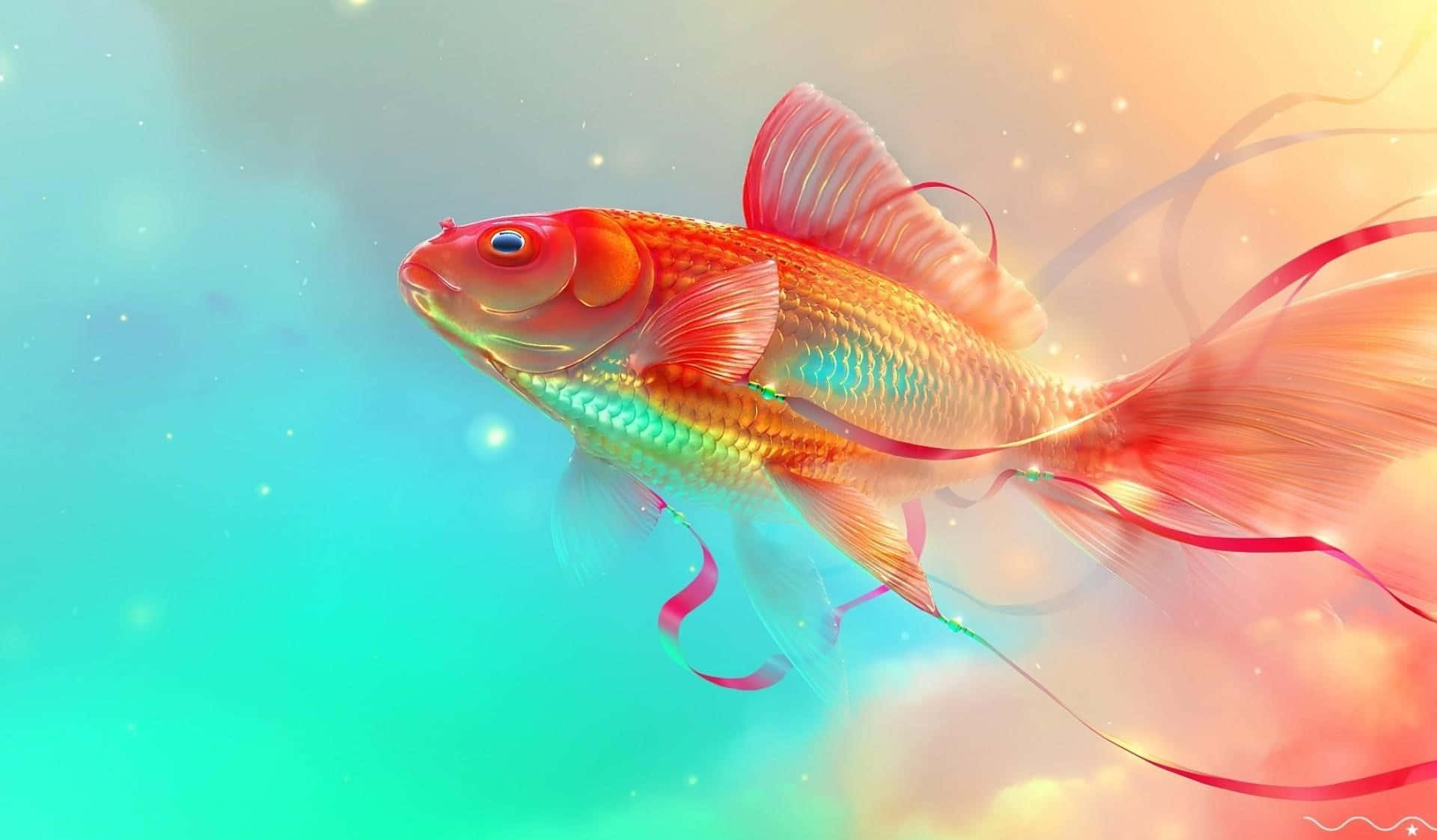 金魚 桌布 壁紙 — 一條充滿活力的數位金魚，帶有飄逸的絲帶，在青綠色和桃色的漸變中游動，伴隨著發光的粒子。