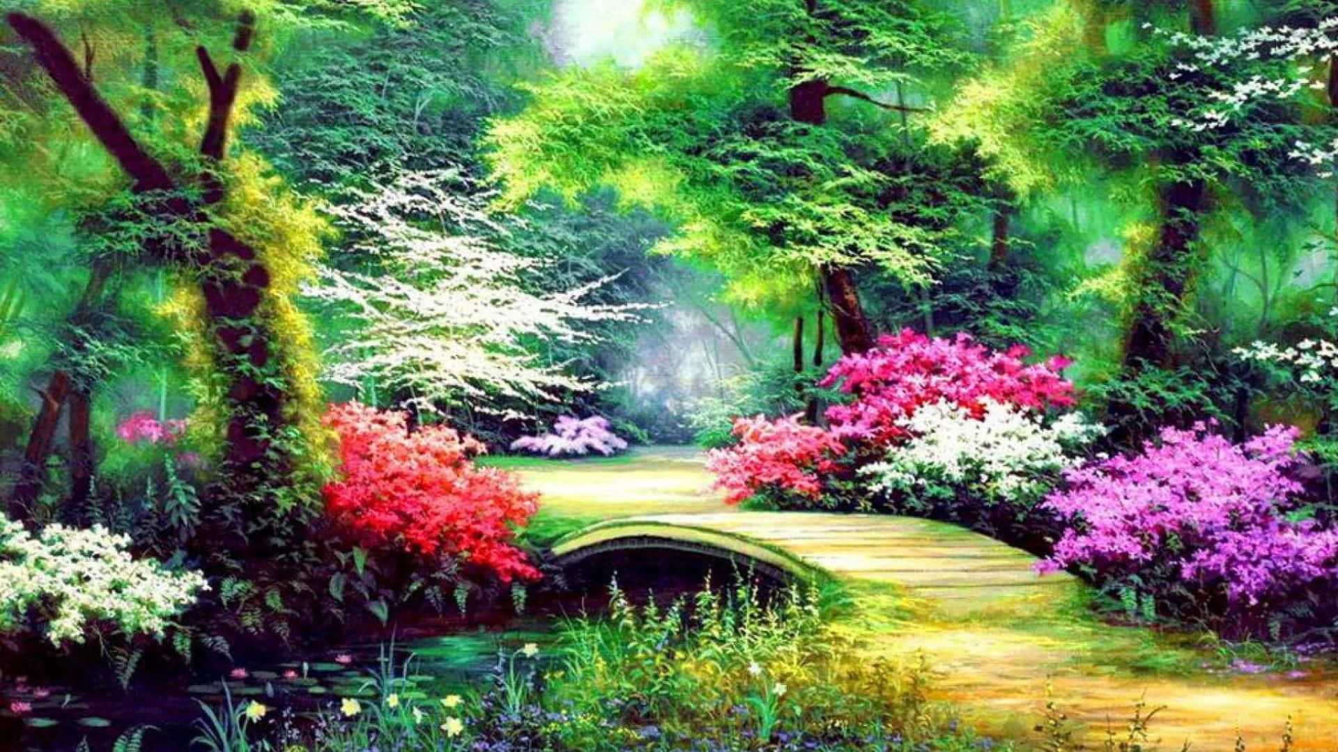 Enchanted Garden 桌布 壁紙 — 一條充滿活力的森林小徑穿過一座石橋，橫跨一條小溪，周圍環繞著茂密的綠樹和粉紅色、紅色和白色的花叢。
