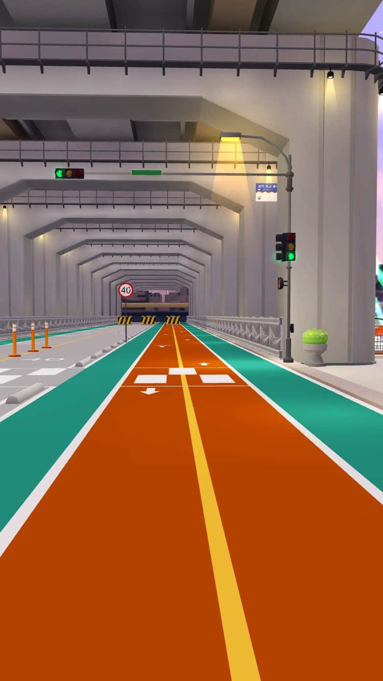 Zepeto 桌布 壁紙 — 一條充滿活力的橙色和藍綠色自行車道穿過現代隧道，設有交通號誌和速度標誌。