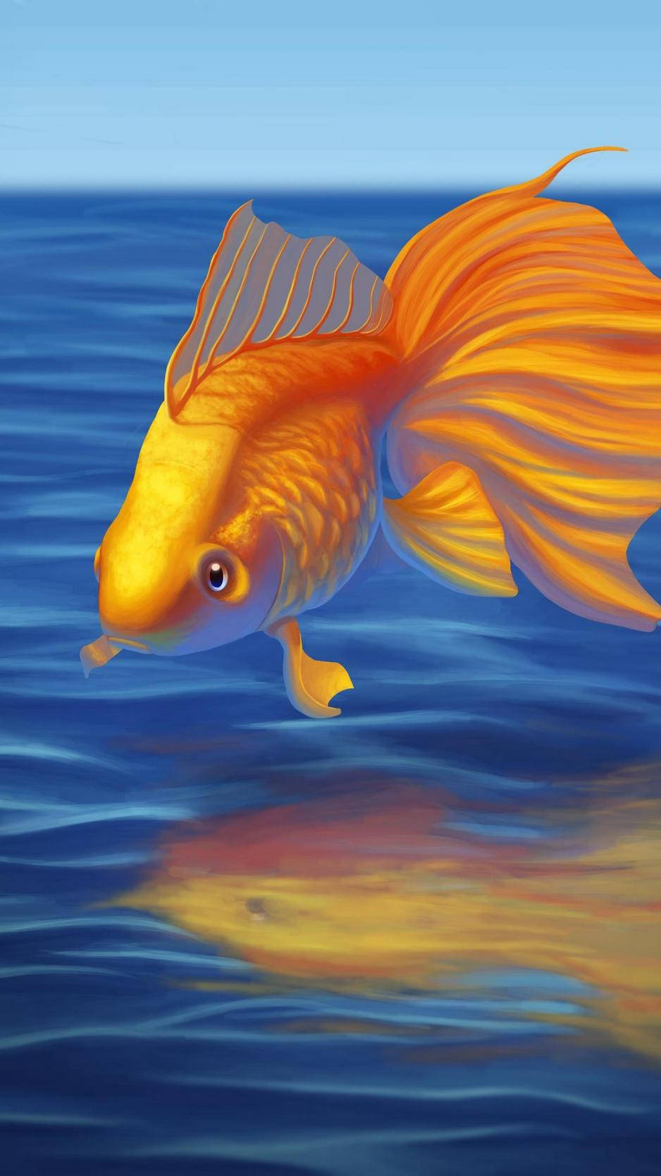 Goldfish 桌布 壁紙 — 一條充滿活力的橙色金魚在深藍色水中優雅地游動，其倒影在下方閃爍。