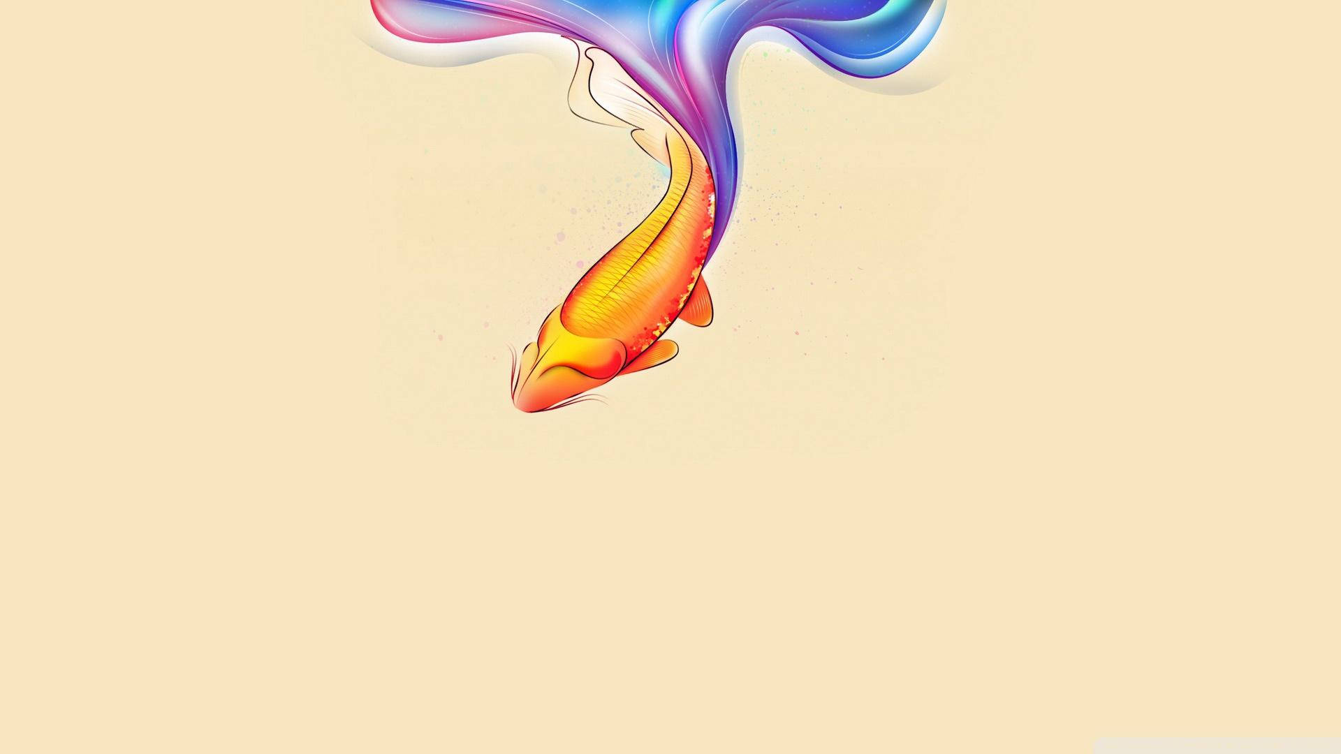 Goldfish 桌布 壁紙 — 一條充滿活力的橙色錦鯉向上游動，帶有旋轉的藍色和粉紅色能量軌跡，背景為柔和的米色。