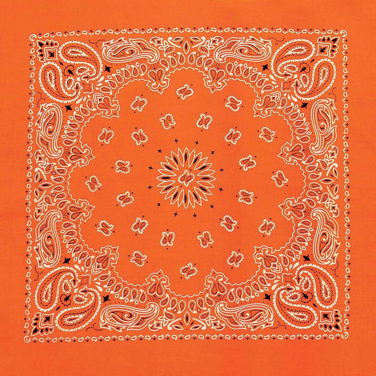 bandana 桌布 壁紙 — 一條充滿活力的橙色頭巾，帶有複雜的白色佩斯利圖案和中央的太陽爆發設計。