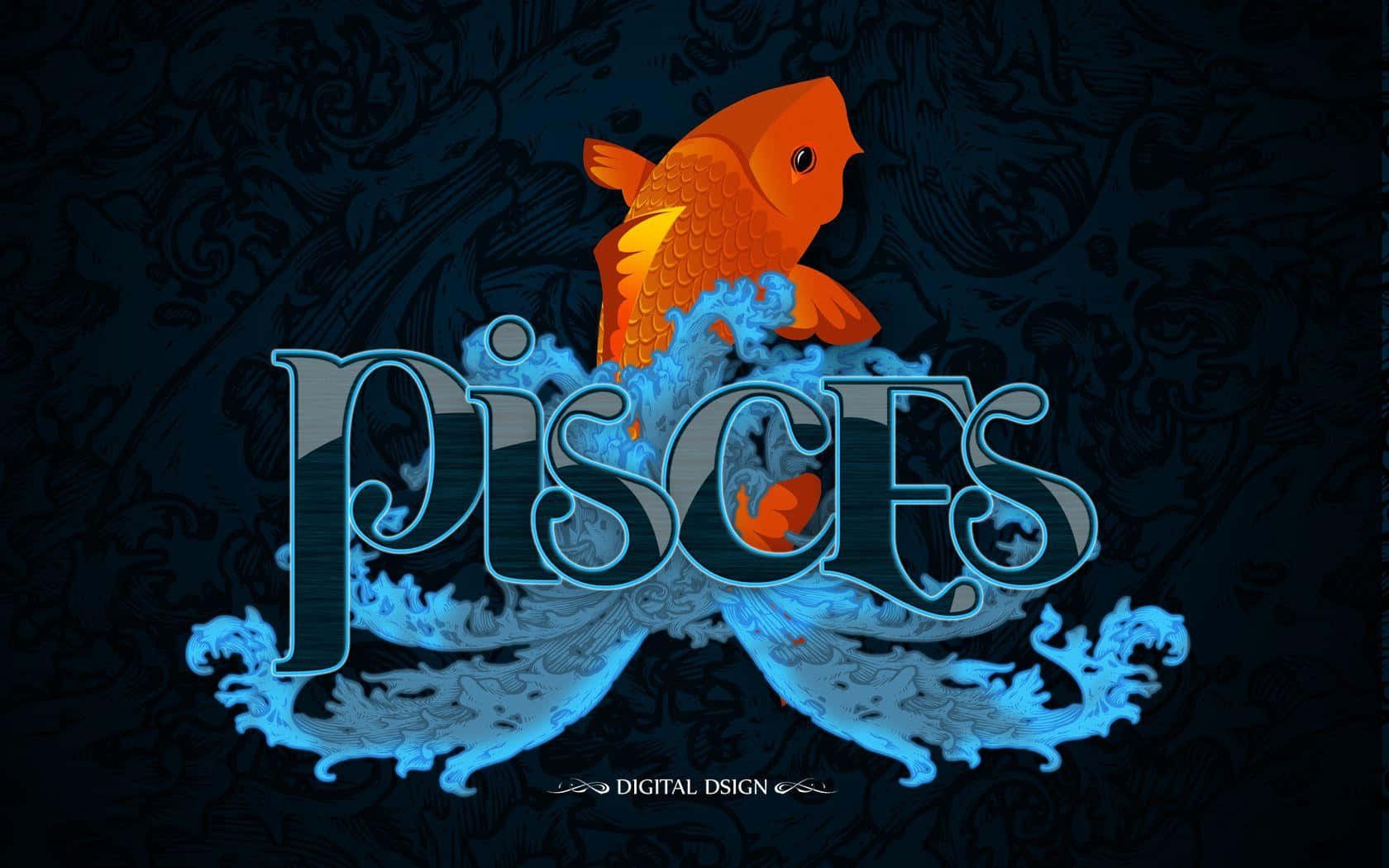 Pisces 桌布 壁紙 — 一條充滿活力的橙色魚從旋轉的藍色波浪中躍出，下方是風格化的「Pisces」字樣，背景為深色華麗圖案。