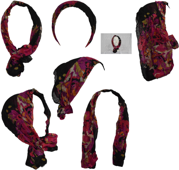 Head Bandana 桌布 壁紙 — 一條充滿活力的洋紅色和黑色花卉圖案圍巾，以多種方式展示造型，包括頭帶和垂墜包裹。