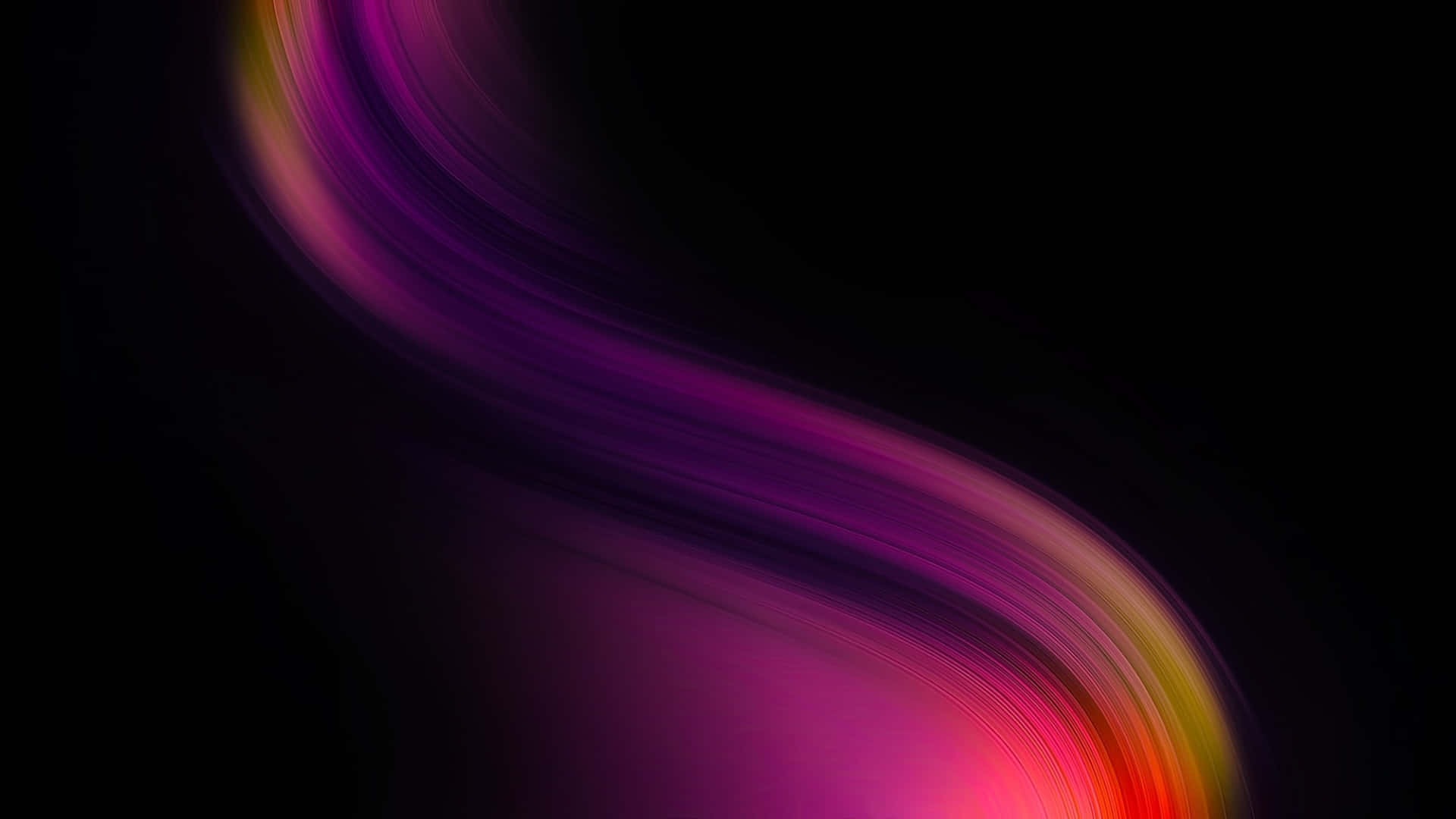 AMOLED 4K 桌布 壁紙 — 一條充滿活力的洋紅色粉紅和黃色漩渦絲帶橫跨深黑色背景。