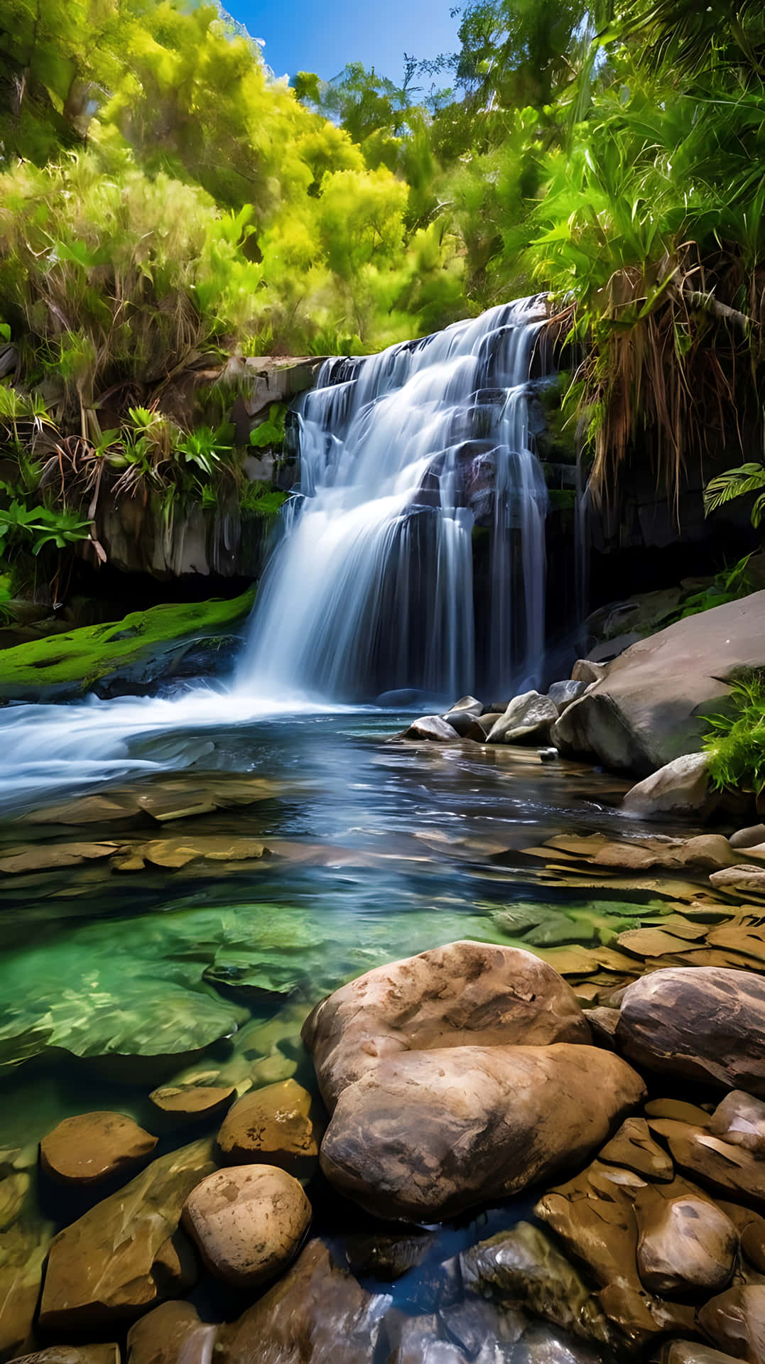 Tranquil Waterfall Reflection Under Blue Skies. smartphone wallpaper 壁紙 — 一條充滿活力的瀑布從長滿苔蘚的岩石上傾瀉而下，流入清澈的藍綠色水池，周圍是茂密的綠色叢林葉子，在明亮的藍天下。