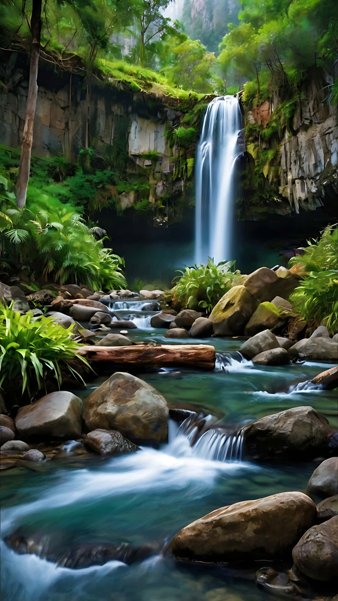 Enchanting Waterfall Retreat in Nature's Lap. smartphone wallpaper 壁紙 — 一條充滿活力的瀑布從長滿苔蘚的懸崖傾瀉而下，流入一條蜿蜒穿過茂密綠色叢林葉片的碧綠溪流。