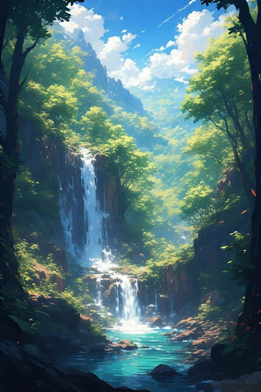 Whimsical Forest Waterfall Adventure 壁紙 — 一條充滿活力的瀑布穿過茂密的綠色森林，流入一個碧綠色的水池，上方是明亮的藍天和蓬鬆的白雲。