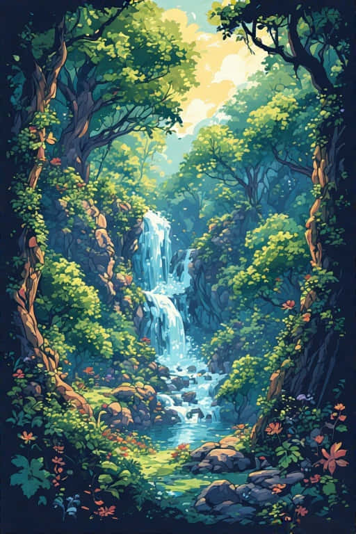 Whimsical Forest Waterfall Adventure 壁紙 — 一條充滿活力的瀑布穿過茂密的綠色森林，陽光穿過濃密的樹冠，五彩繽紛的花朵在底部盛開。