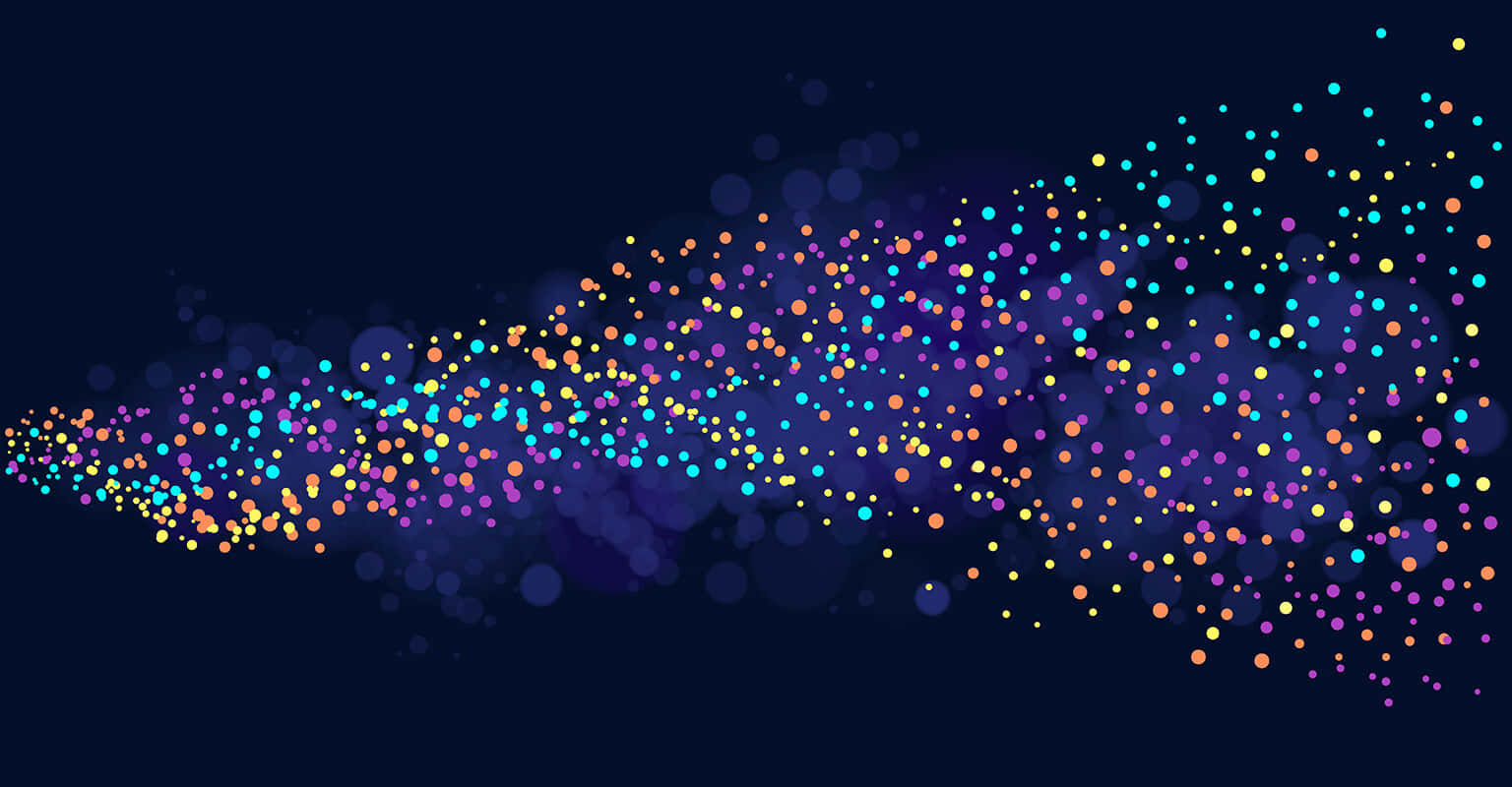 Confetti 桌布 壁紙 — 一條充滿活力的發光多色點流斜向流過深海軍藍背景，營造出動態的數位粒子效果。