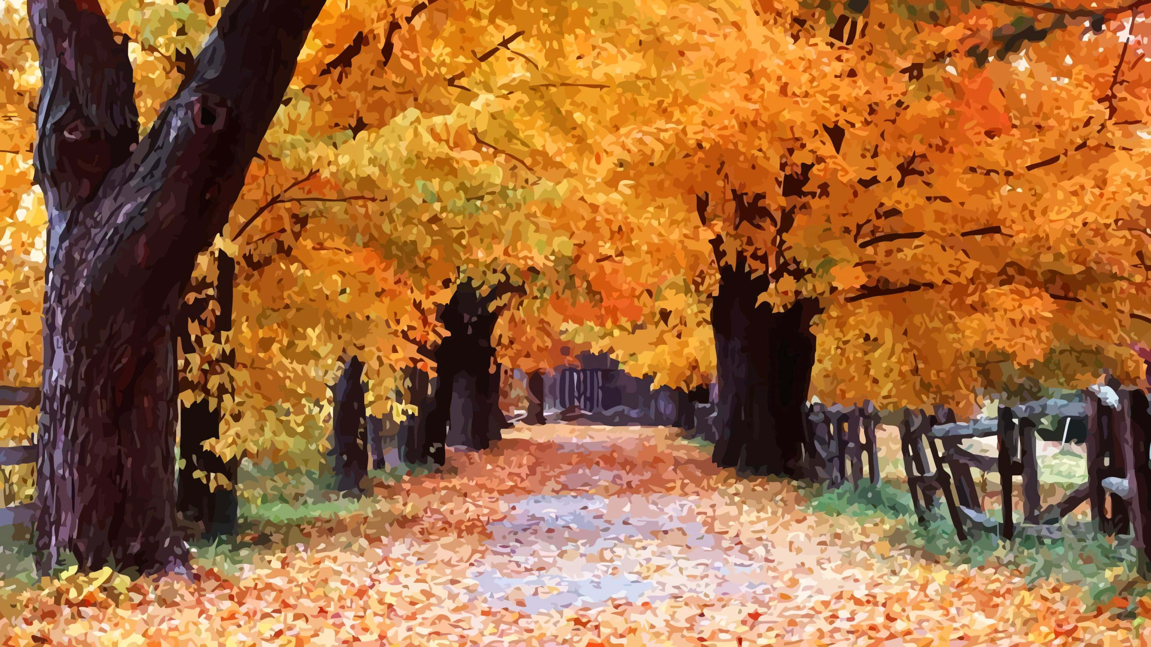 Fall Scenes 桌布 壁紙 — 一條充滿活力的秋日小徑，兩旁種滿金黃色的樹木和落葉，在柔和的光線下。