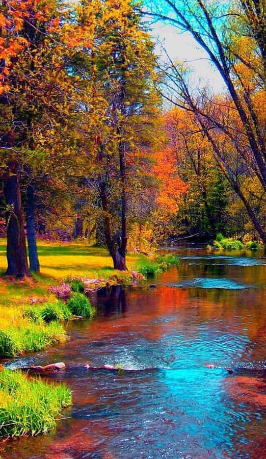 Beautiful Autumn 桌布 壁紙 — 一條充滿活力的秋日河流蜿蜒穿過森林，火紅的橙色和金色樹葉倒映在碧綠色的水中。