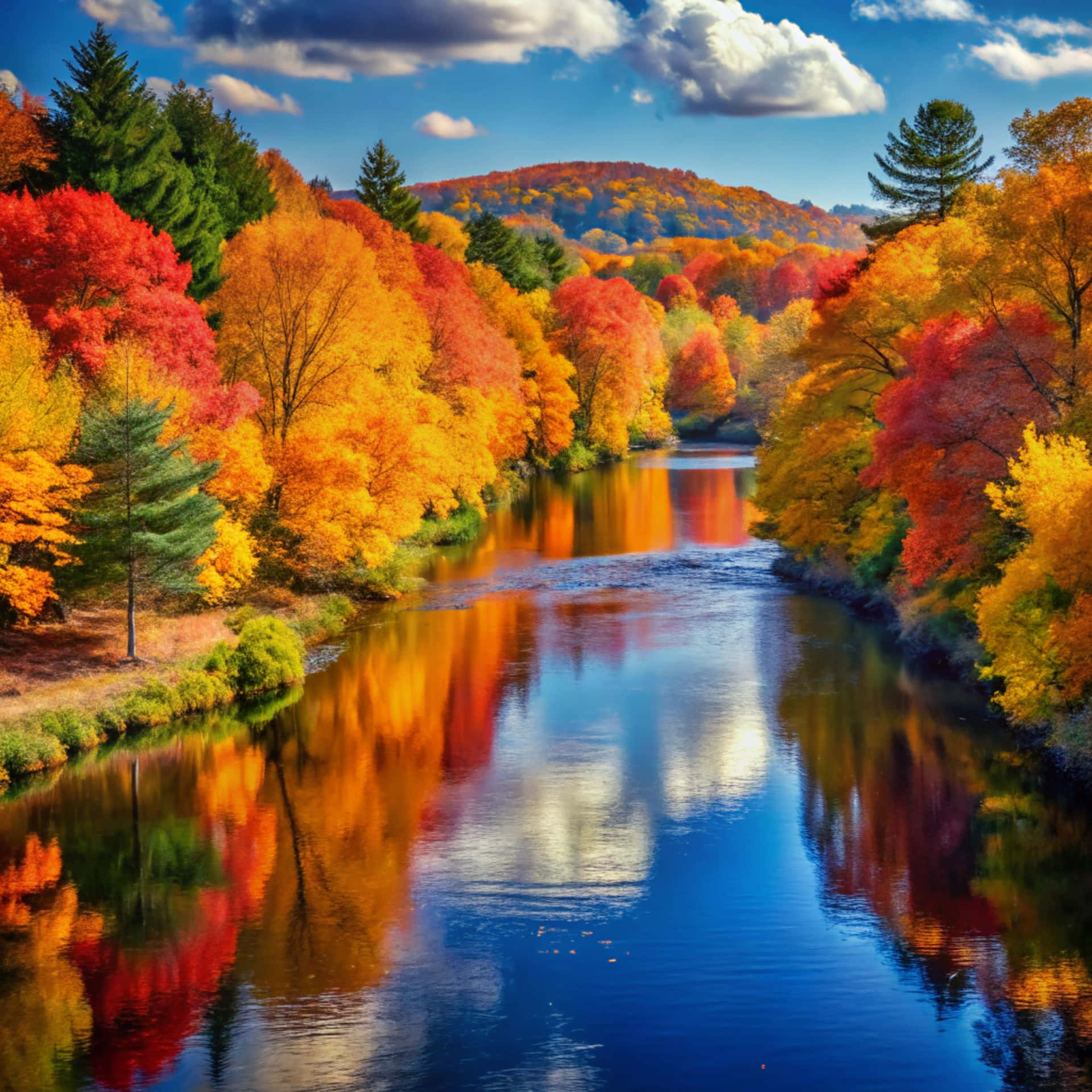 Vertical shot of beautiful autumn colors 壁紙 — 一條充滿活力的秋日河流蜿蜒穿過樹林，樹林裡紅、橙、黃的樹葉如火般燃燒，完美地倒映在平靜的藍色水面上，天空部分多雲。