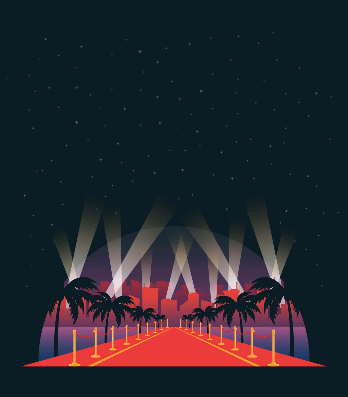 Stars 桌布 壁紙 — 一條充滿活力的紅地毯在星空夜空下，伴隨著棕櫚樹和聚光燈，延伸向閃爍的城市天際線。