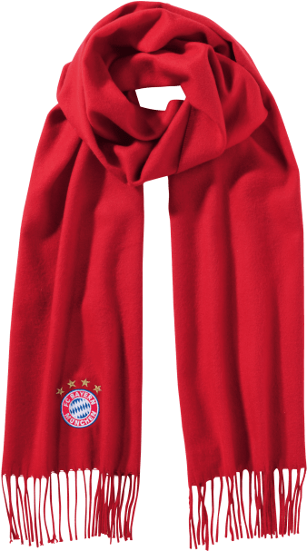 Red Scarf 桌布 壁紙 — 一條充滿活力的紅色圍巾，帶有流蘇邊緣，並在邊緣附近繡有拜仁慕尼黑隊徽。