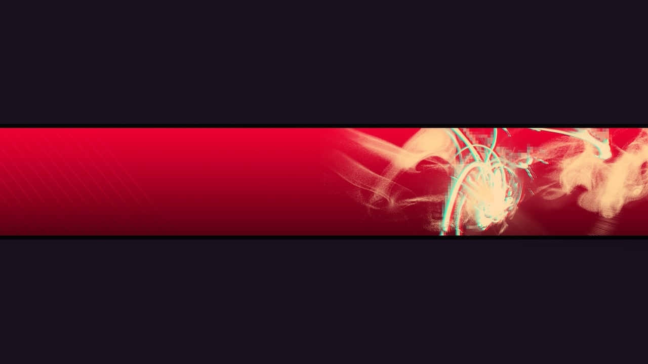 Banner 桌布 壁紙 — 一條充滿活力的紅色水平帶，帶有發光的抽象漩渦和青色線條，背景為深色。
