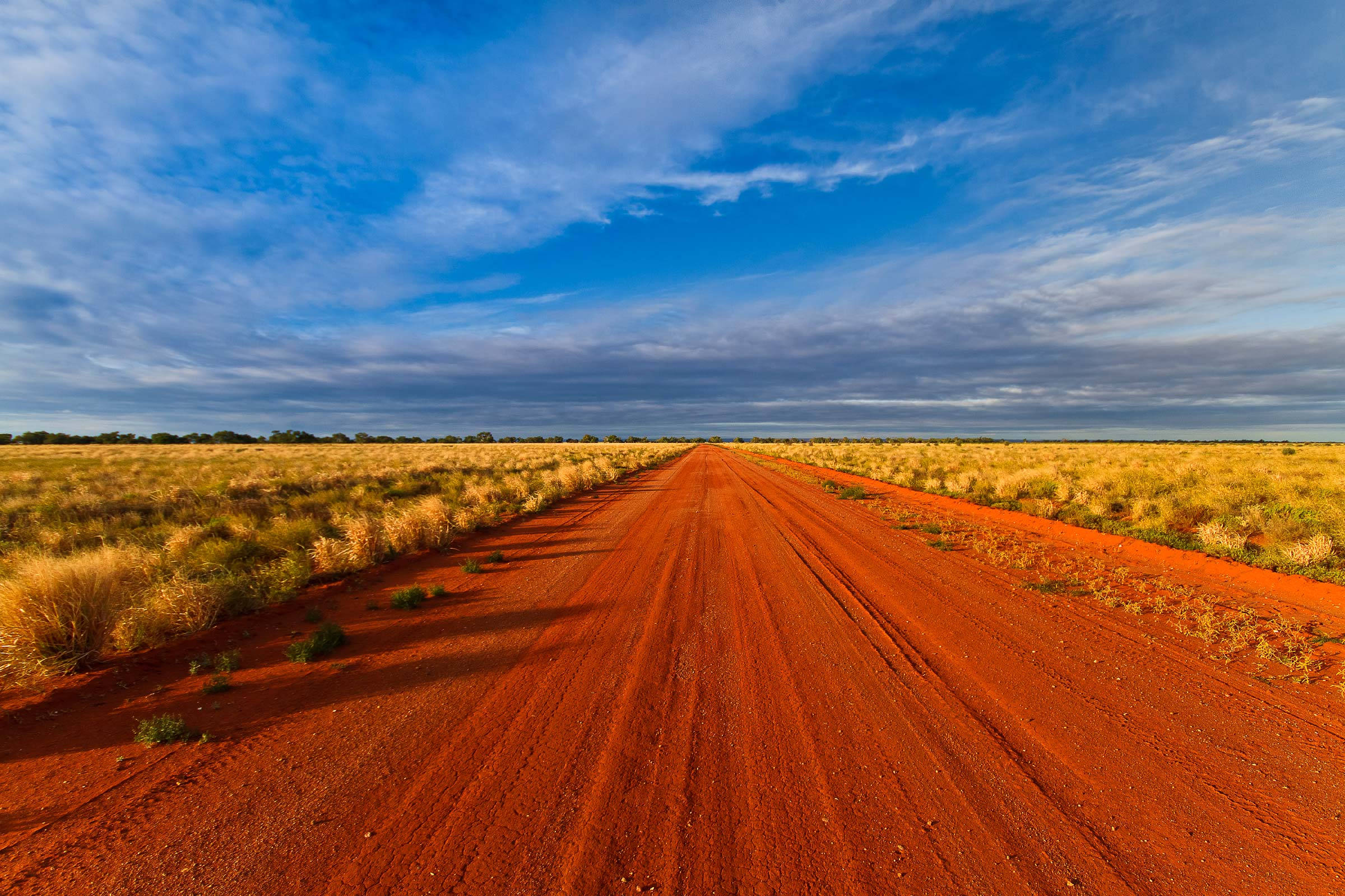 Outback 桌布 壁紙 — 一條充滿活力的紅色泥路，在廣闊藍天白雲下，無盡地延伸穿過金色的草原。