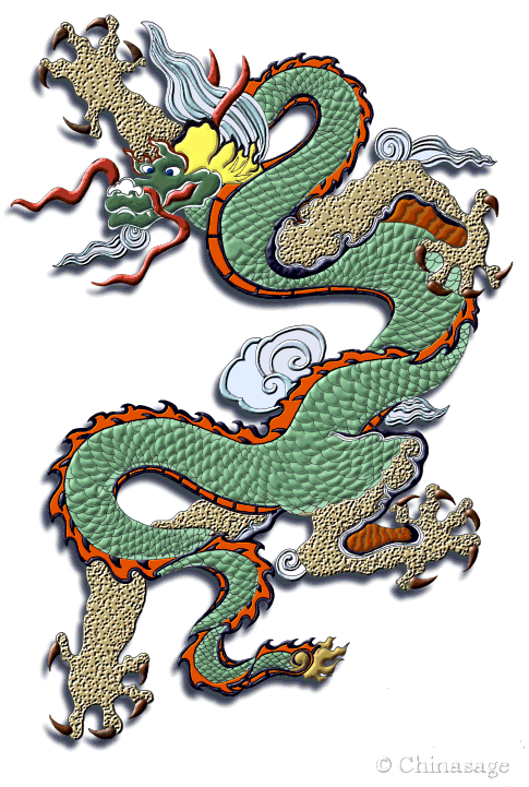 中國龍 桌布 壁紙 — 一條充滿活力的綠色和金色中國龍，帶有橙色點綴，在黑色背景上動態盤繞，周圍環繞著旋轉的白雲。