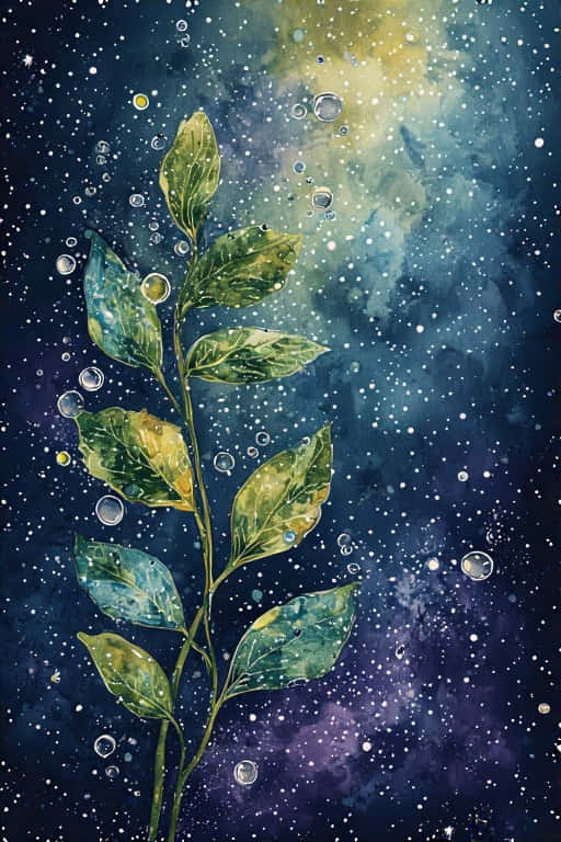 Celestial Dew Watercolor Stem Under Starlight 壁紙 — 一條充滿活力的綠色樹枝漂浮在星光燦爛的宇宙星雲中，周圍環繞著發光的氣泡。