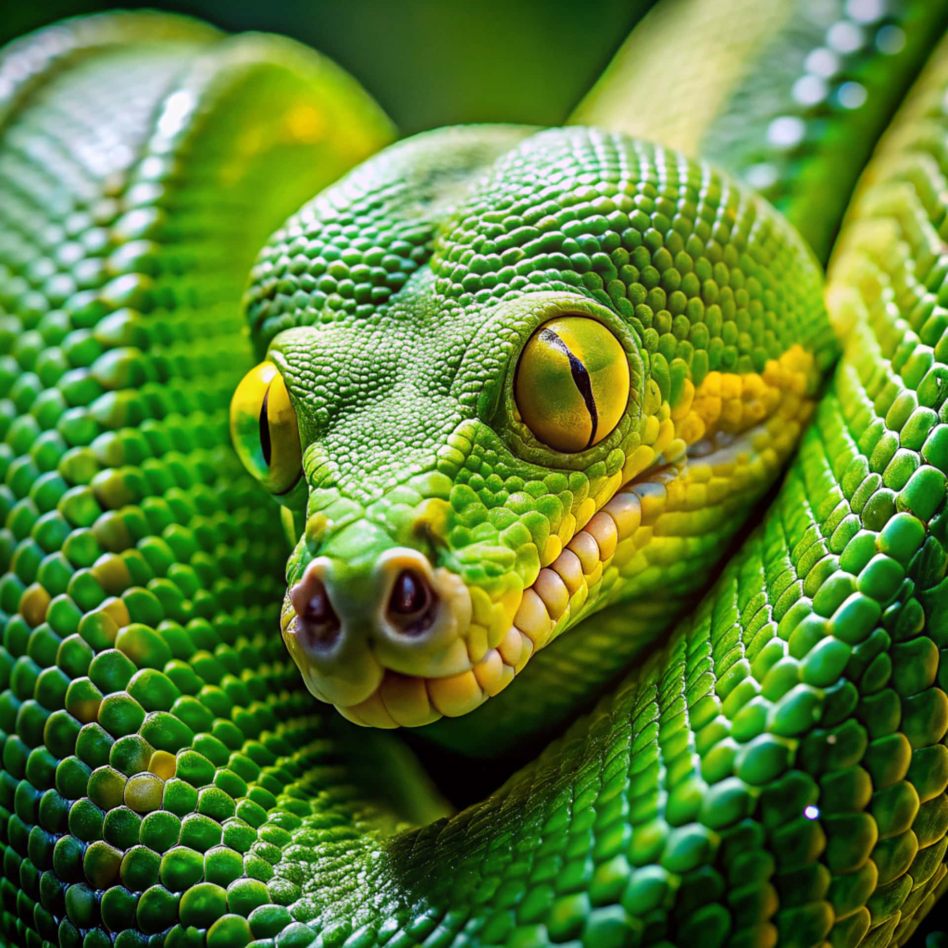 Close-up view of a green python 壁紙 — 一條充滿活力的綠色樹蟒盤繞著，帶有細緻的鱗片和引人注目的黃色眼睛的特寫。