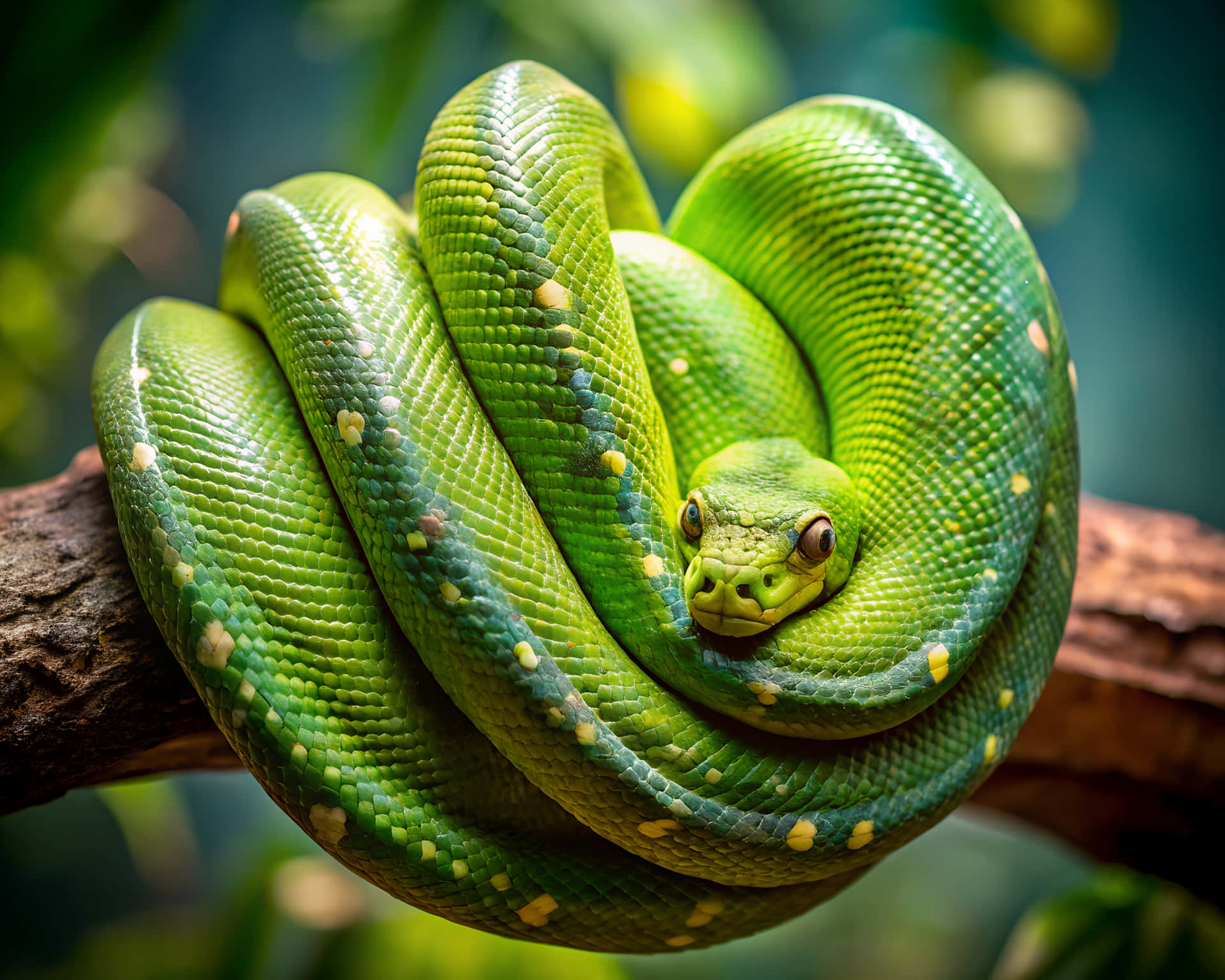 Green python 壁紙 — 一條充滿活力的綠色樹蟒緊緊纏繞在長滿苔蘚的樹枝上，帶有黃色斑點和警覺的眼睛。