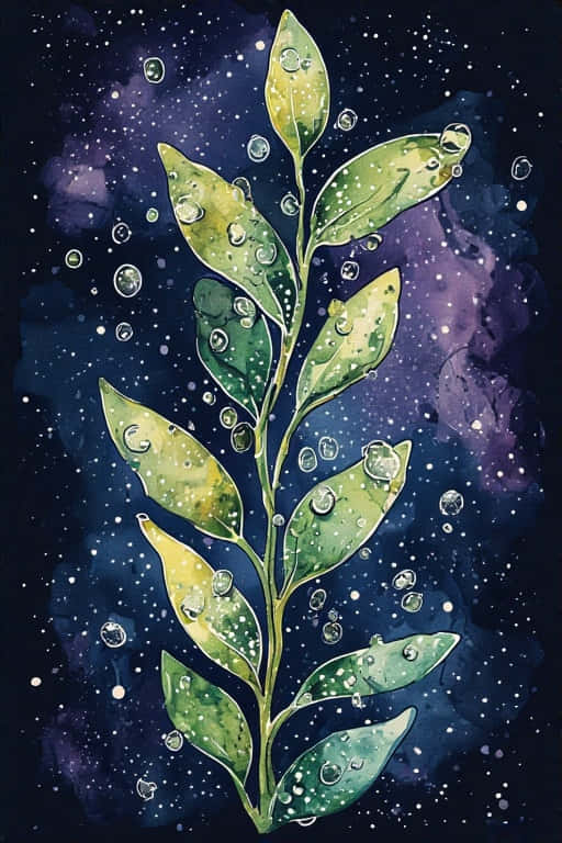 Celestial Dew Watercolor Stem Under Starlight 壁紙 — 一條充滿活力的綠色葉莖帶有露珠，漂浮在深藍色和紫色星雲點綴著星星的宇宙背景上。
