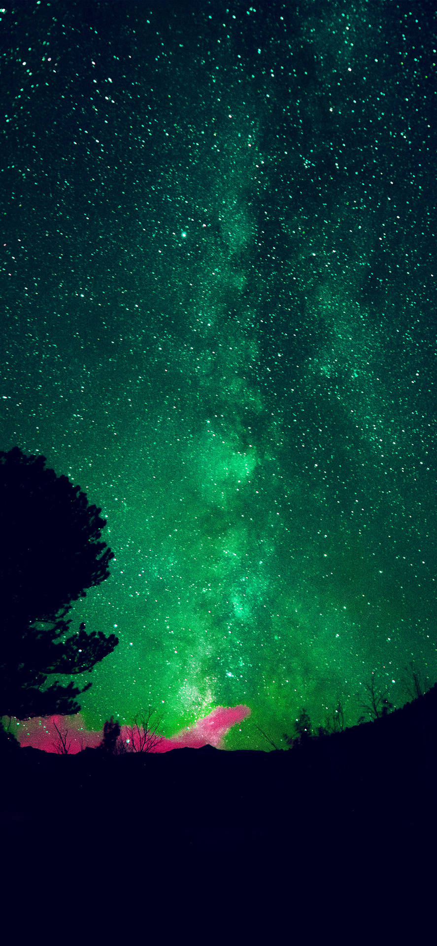 銀河 桌布 壁紙 — 一條充滿活力的綠色銀河在星空下拱越樹木和山丘的黑暗剪影。