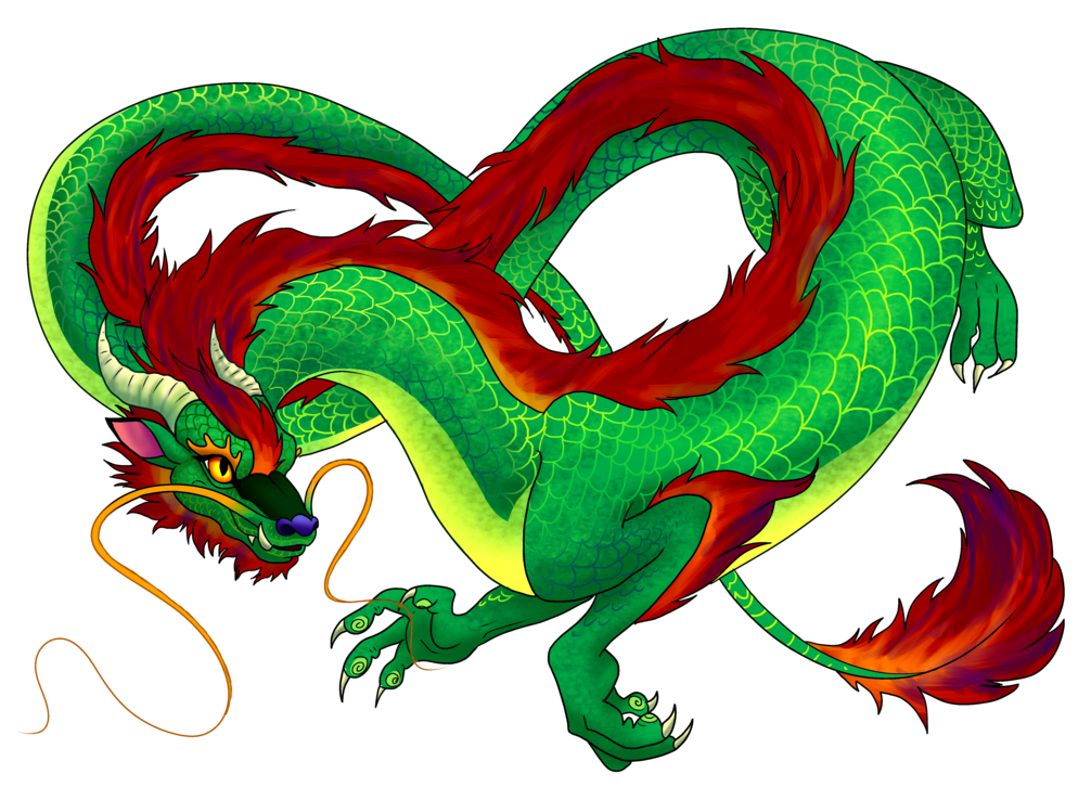 中國龍 桌布 壁紙 — 一條充滿活力的綠色龍，帶有火紅的鬃毛和尾巴，在純黑背景上動態盤繞。