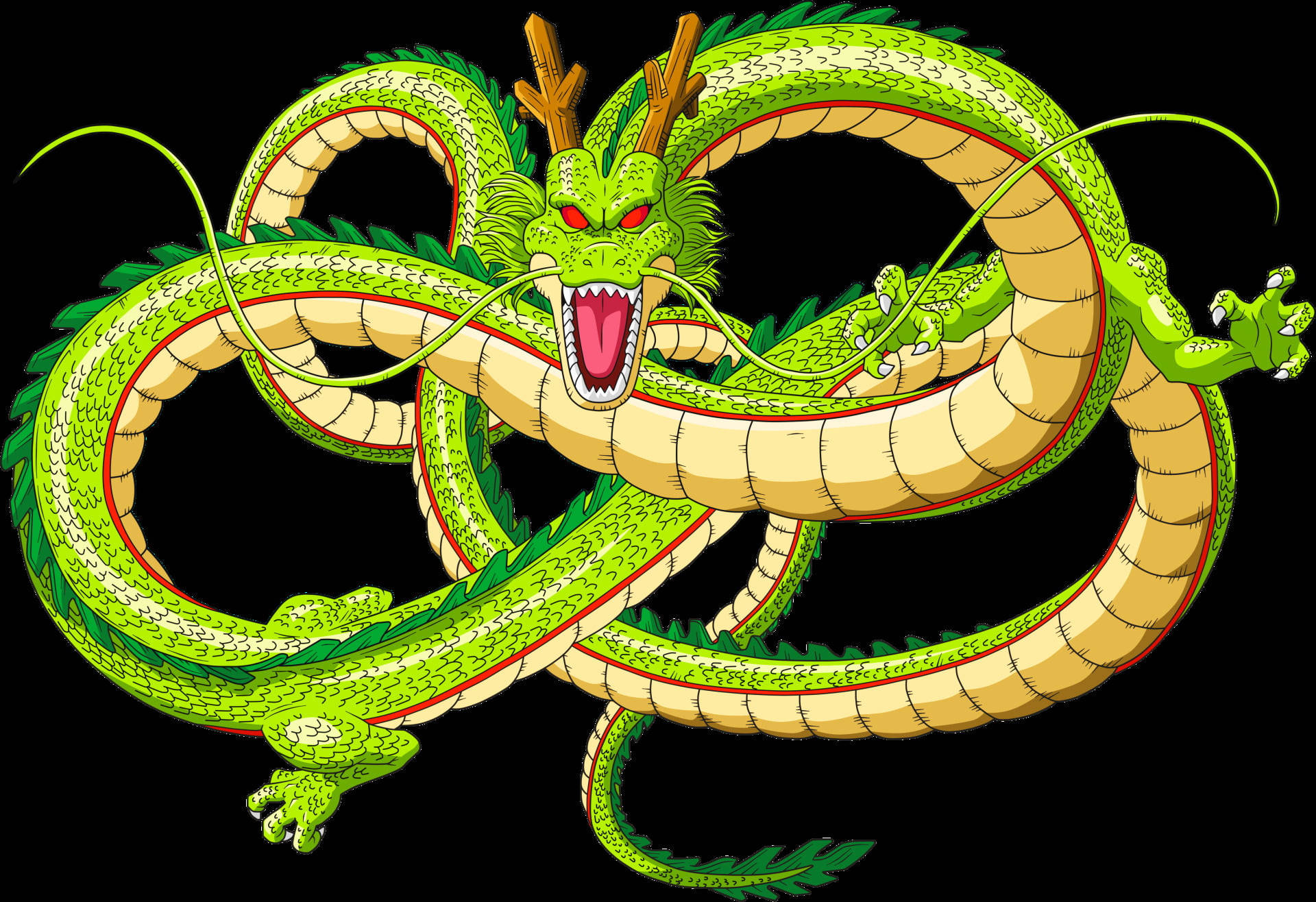Green Dragon 桌布 壁紙 — 一條充滿活力的綠色龍，有著紅色眼睛和鹿角，在黑色背景上動態盤繞，張開嘴巴發出兇猛的咆哮。