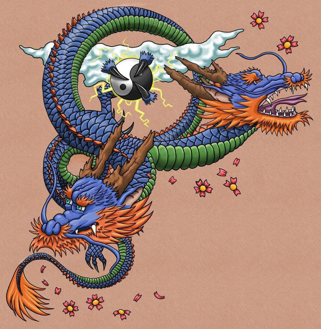 日式龍 桌布 壁紙 — 一條充滿活力的藍綠色龍纏繞著陰陽符號，附近有閃電和櫻花飄浮。