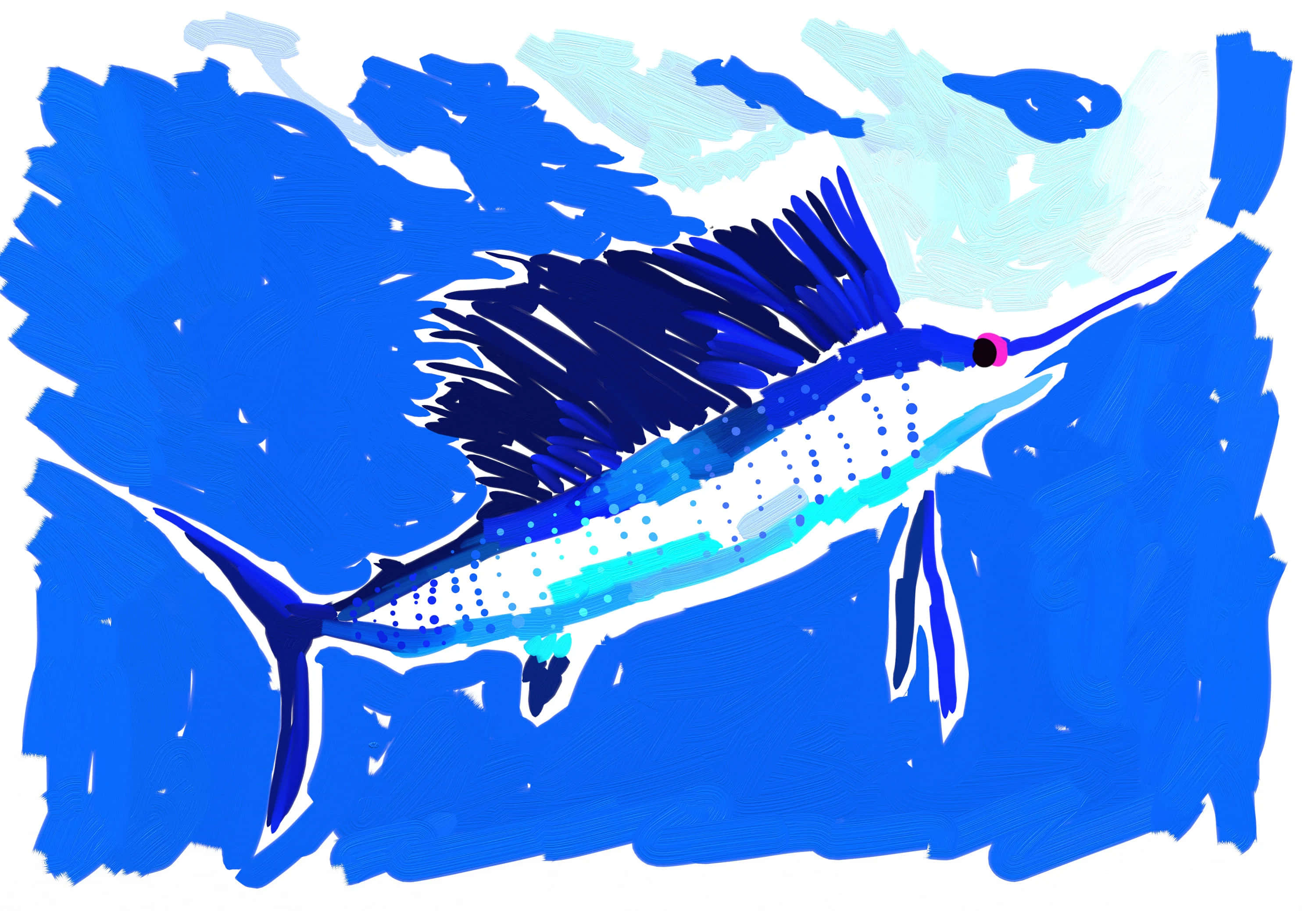 Sailfish 桌布 壁紙 — 一條充滿活力的藍色馬林魚在風格化的海浪中躍起，以粗獷的筆觸插圖呈現。
