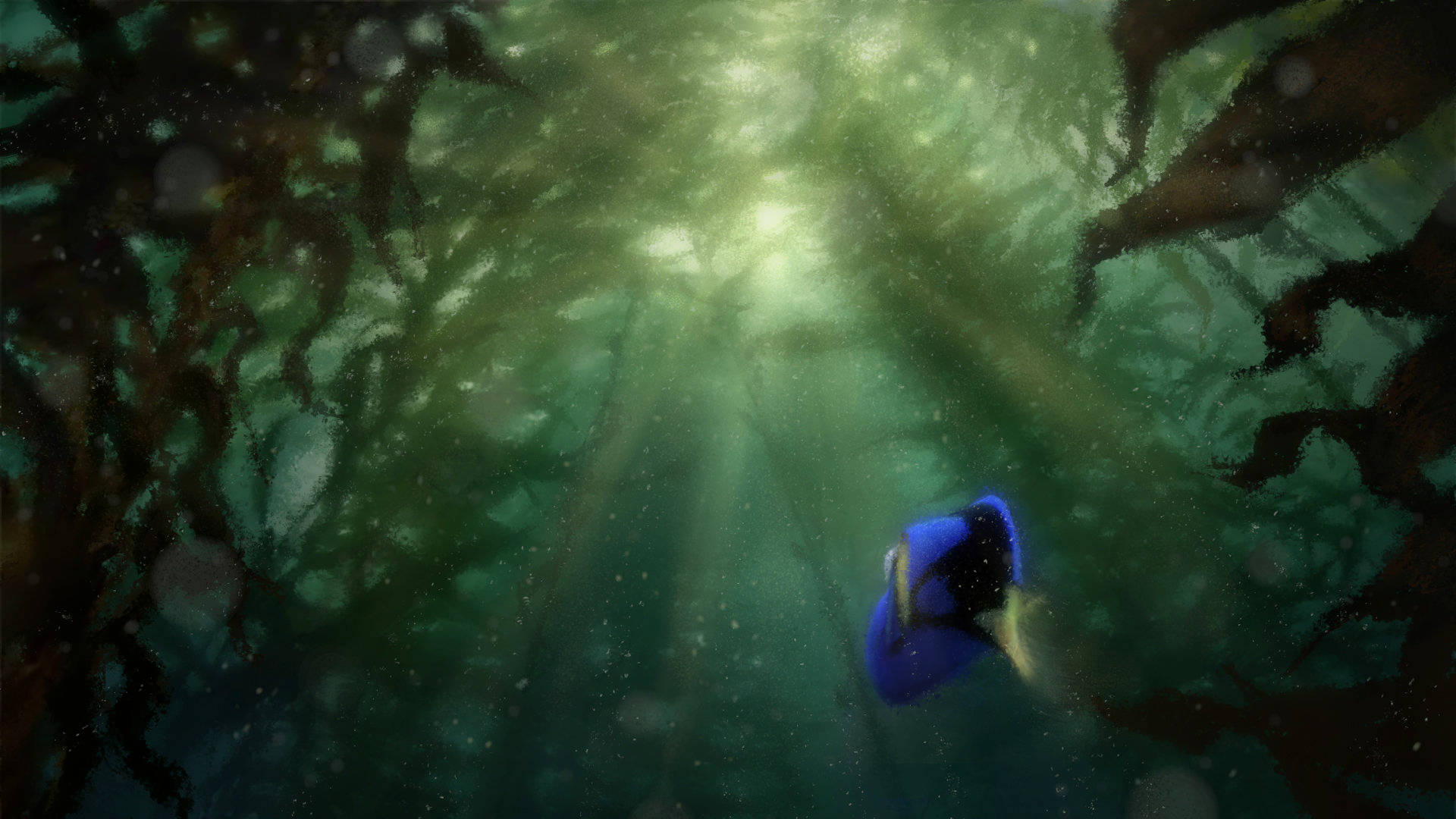 Dory 桌布 壁紙 — 一條充滿活力的藍色魚在陽光照射的海藻林中游動，金色光線穿透綠色海水。