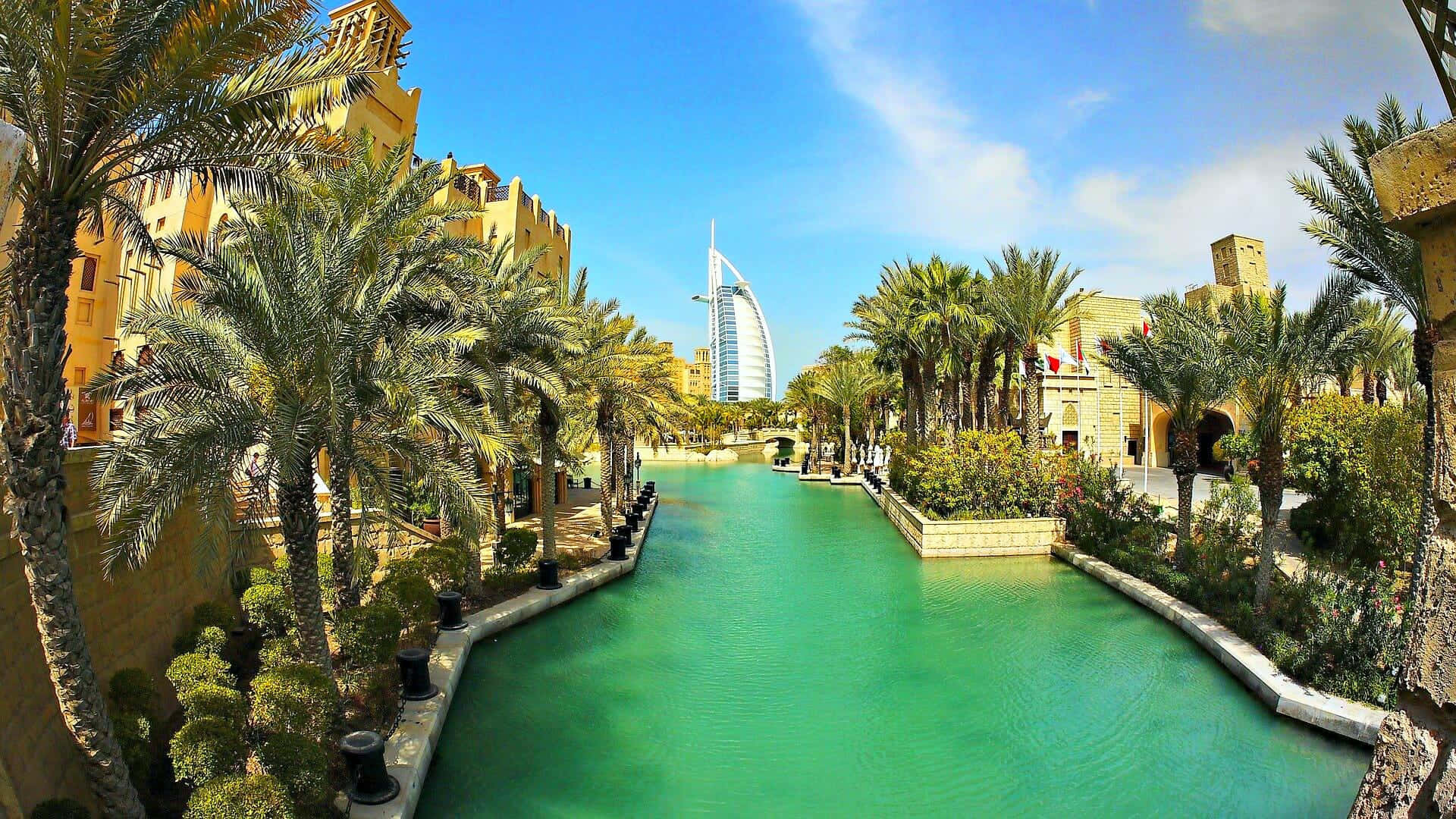 Uae 桌布 壁紙 — 一條充滿活力的運河，兩旁種滿棕櫚樹和金色建築，遠處的帆船酒店在清澈的藍天下高聳入雲。