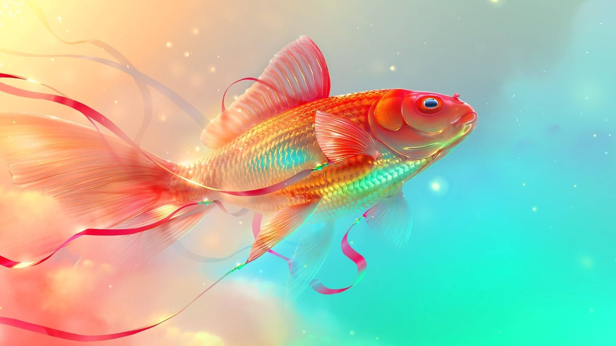 Goldfish 桌布 壁紙 — 一條充滿活力的金色魚兒，帶著飄逸的絲帶，在蜜桃色和藍綠色的夢幻漸變天空中游動。