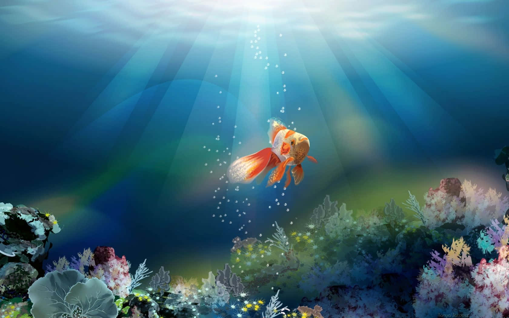 3d Fish 桌布 壁紙 — 一條充滿活力的金魚在色彩繽紛的珊瑚礁水下場景中，穿過陽光向上游動。