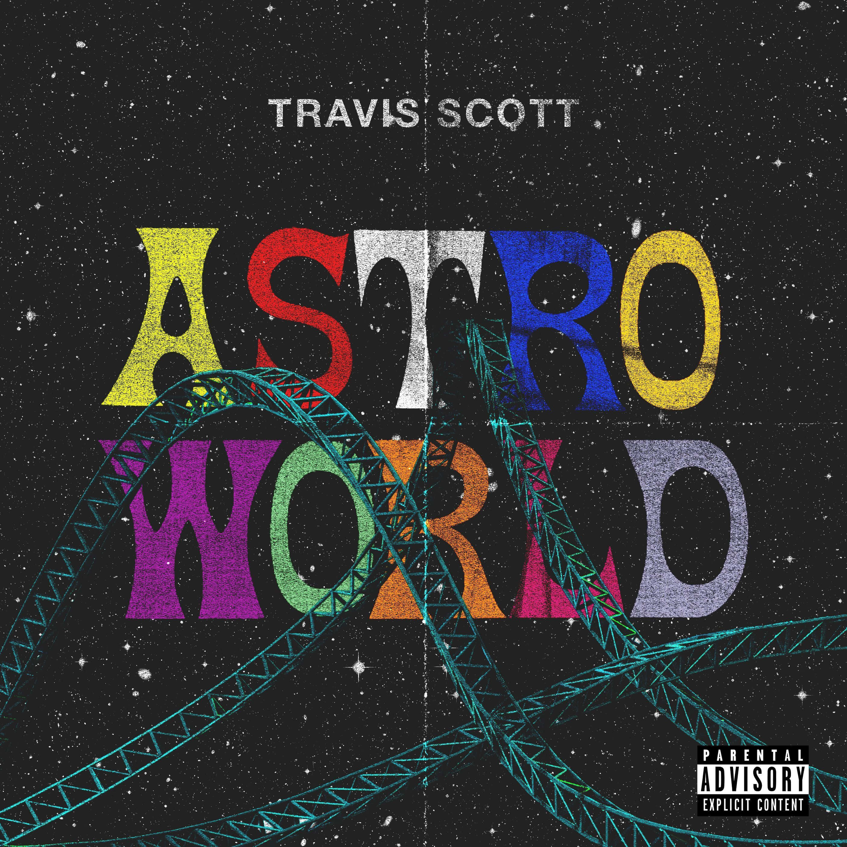 Astroworld 桌布 壁紙 — 一條充滿活力的雲霄飛車軌道穿梭於色彩繽紛的3D字母之間，拼出「ASTRO WORLD」，背景是繁星點點的夜空。