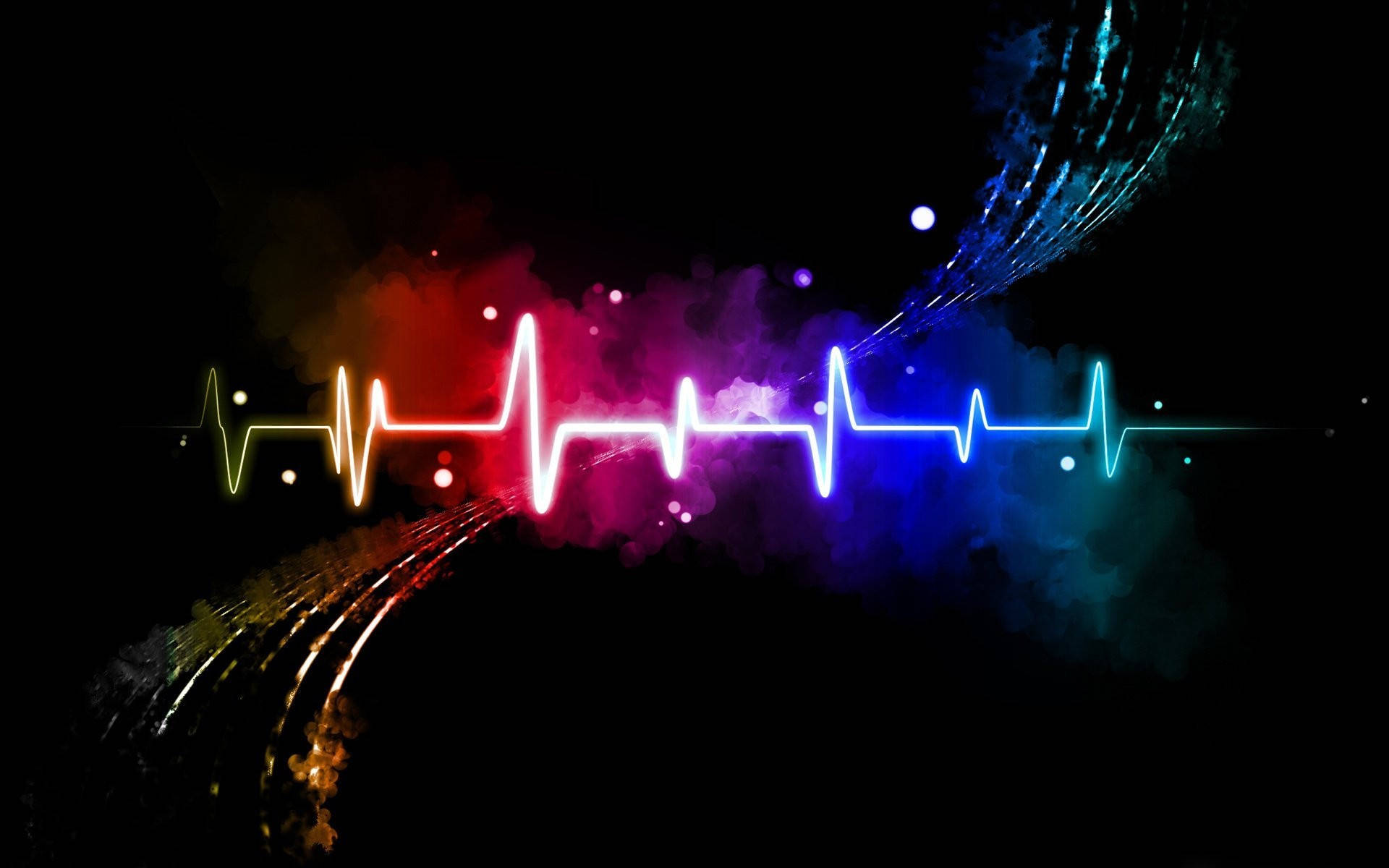 Heartbeat 桌布 壁紙 — 一條充滿活力的霓虹心跳線在黑暗背景上脈動，伴隨著旋轉的彩色能量軌跡。