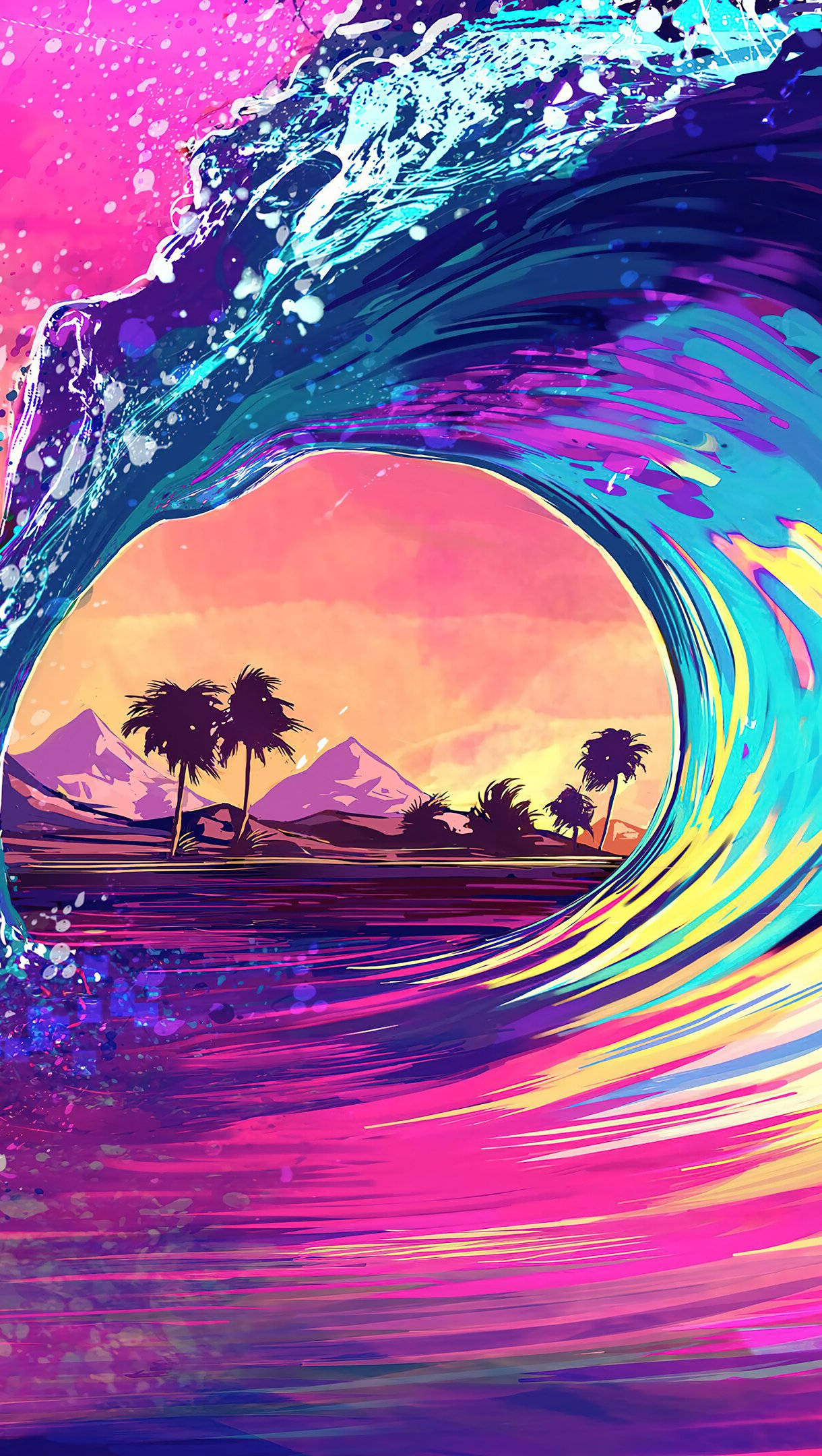 Wave 桌布 壁紙 — 一條充滿活力的霓虹波浪捲曲成隧道，框住熱帶日落，襯有棕櫚樹和山脈。