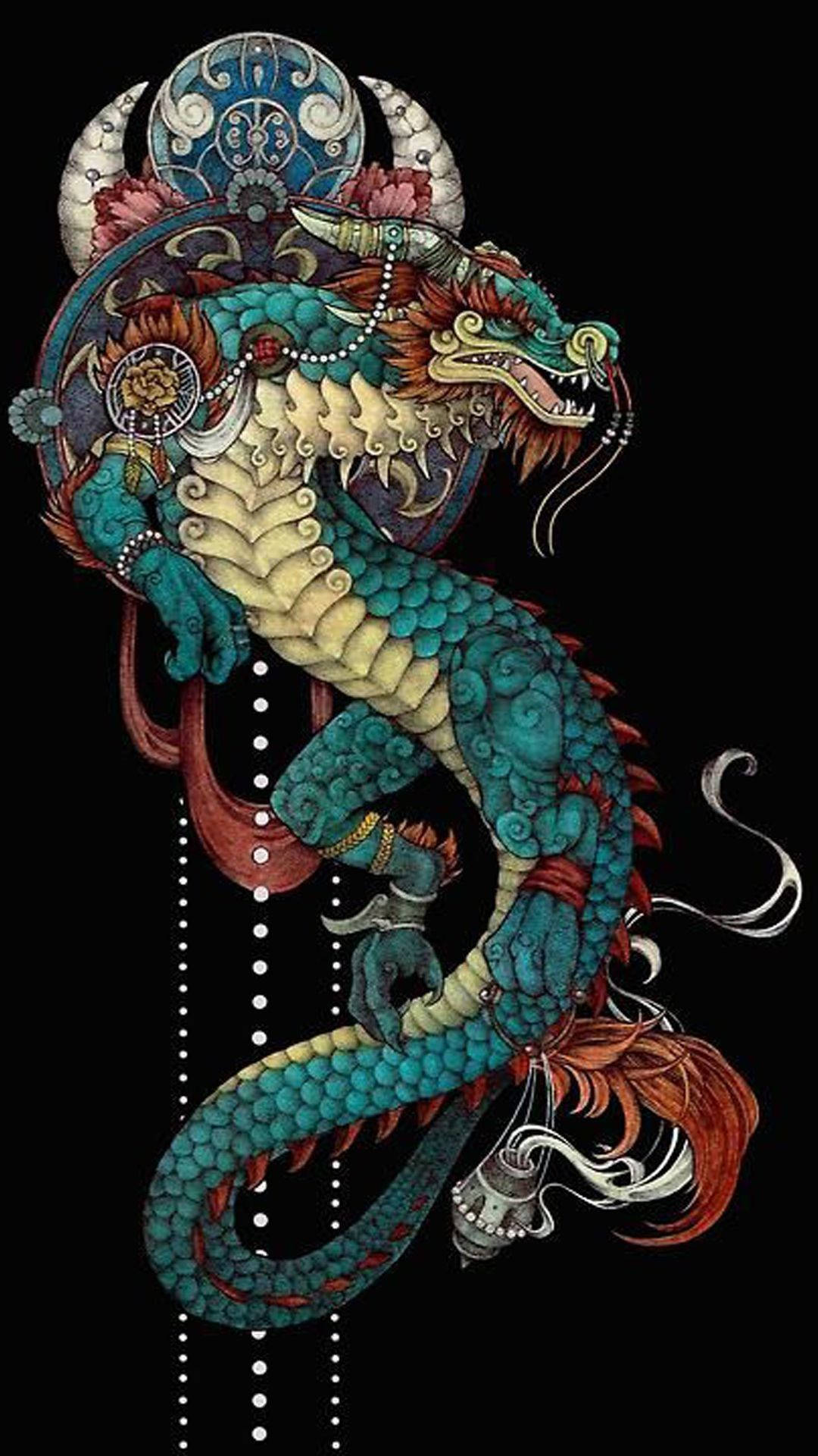 日式龍 桌布 壁紙 — 一條充滿活力的青綠色龍，帶有華麗圖案和紅色點綴，在純黑背景上動態盤繞。