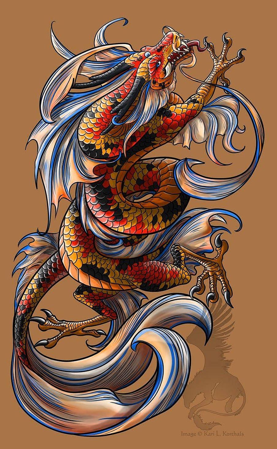 Japanese Dragon Tattoo 桌布 壁紙 — 一條充滿活力的風格化龍，帶有紅色、橙色和藍色鱗片，在純棕色背景上動態盤繞。