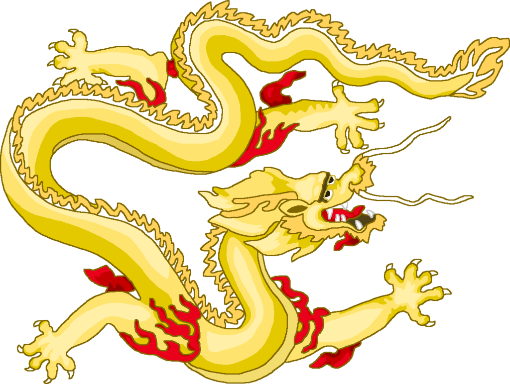 中國龍 桌布 壁紙 — 一條充滿活力的黃色龍，帶有紅色火焰點綴，在純黑背景上動態盤繞。