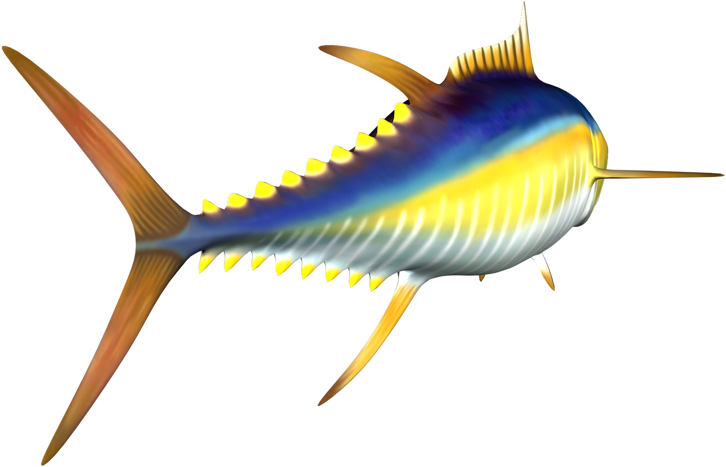 魚 桌布 壁紙 — 一條充滿活力的黃鰭鮪魚在黑暗的水中滑行，帶有虹彩藍色和金色條紋以及鋒利的背鰭棘。