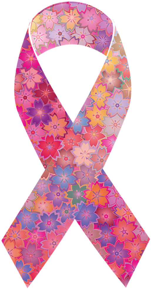 cancer 桌布 壁紙 — 一條充滿色彩繽紛花卉圖案的鮮豔粉紅絲帶，背景為黑色。