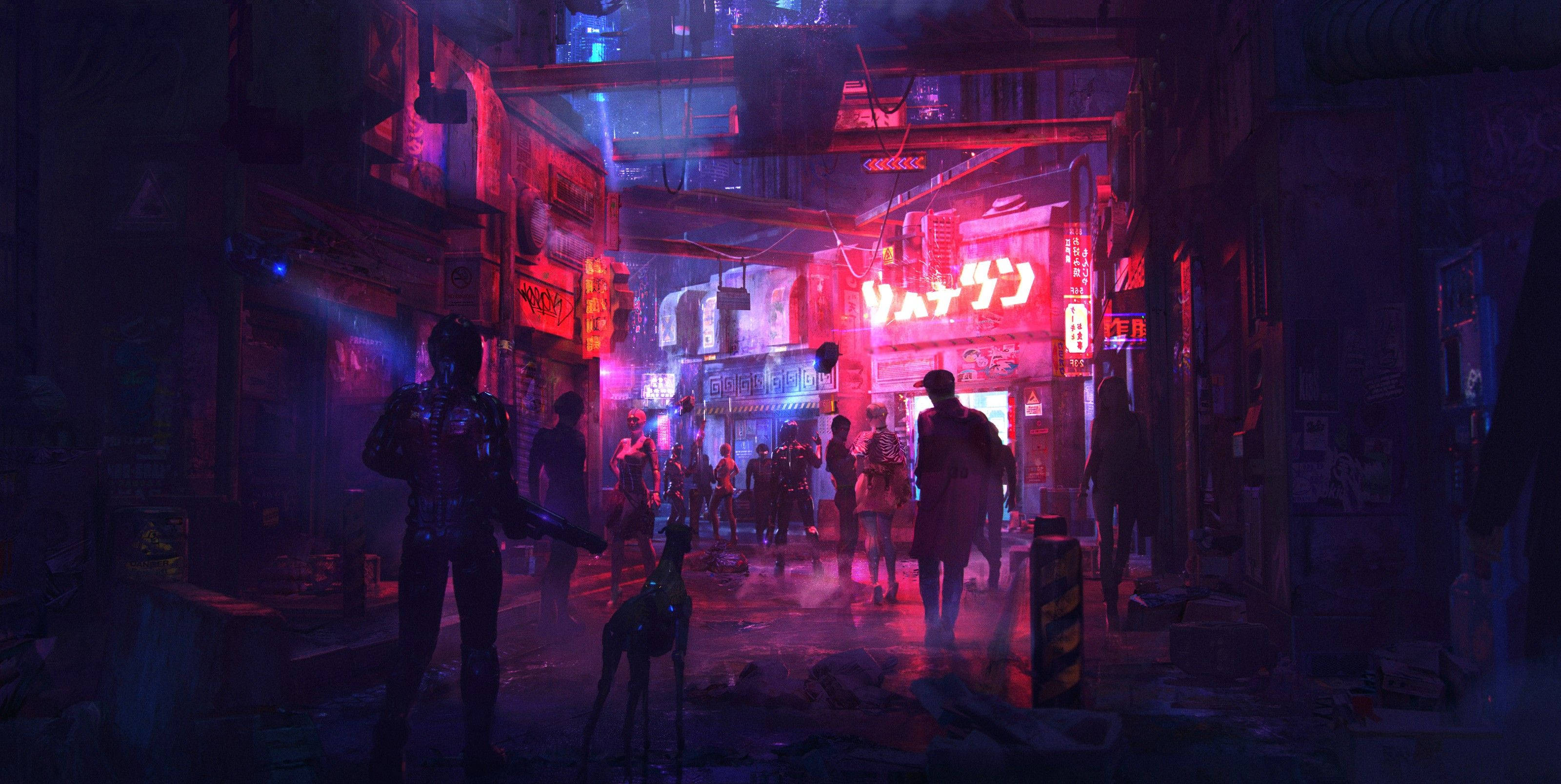 Neon Light 桌布 壁紙 — 一條充滿霓虹燈光的 cyberpunk 小巷，夜晚有剪影人物在發光招牌和濕滑的瀝青路面上行走。