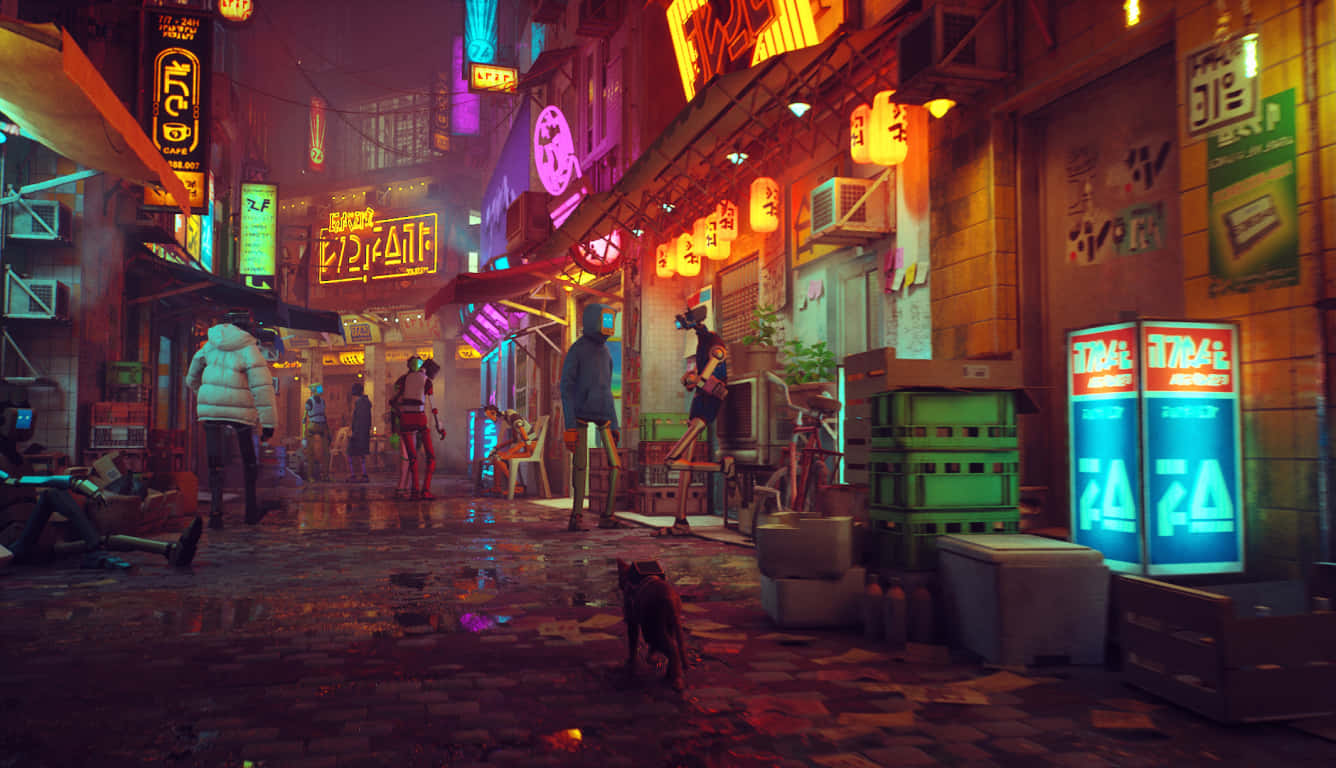 Cyberpunk Laptop 桌布 壁紙 — 一條充滿霓虹燈光的 cyberpunk 小巷，夜晚有發光的招牌、雨濕的街道，以及穿梭於充滿活力的都市混亂中的人們。