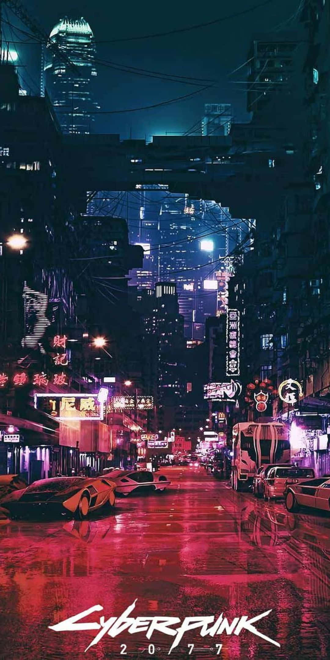 Pixel 3 Cyberpunk 2077 桌布 壁紙 — 一條充滿霓虹燈的 cyberpunk 城市街道，夜晚時分，雨水濕滑的路面反射著發光的招牌和高聳的摩天大樓。