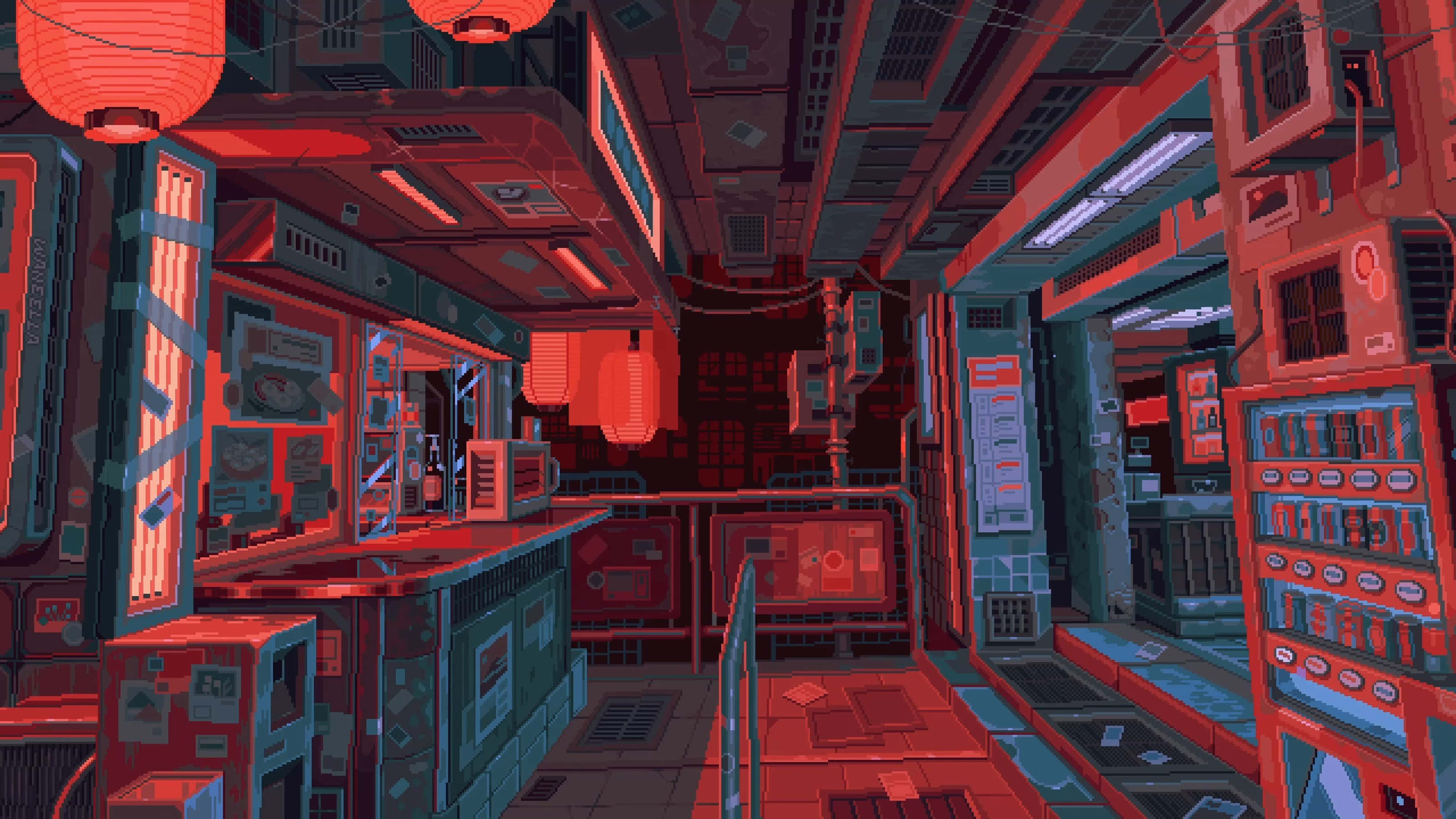 紅色動圖 桌布 壁紙 — 一條充滿霓虹燈的 cyberpunk 小巷，紅色燈籠在雜亂的攤位和發光的螢幕上方閃爍。